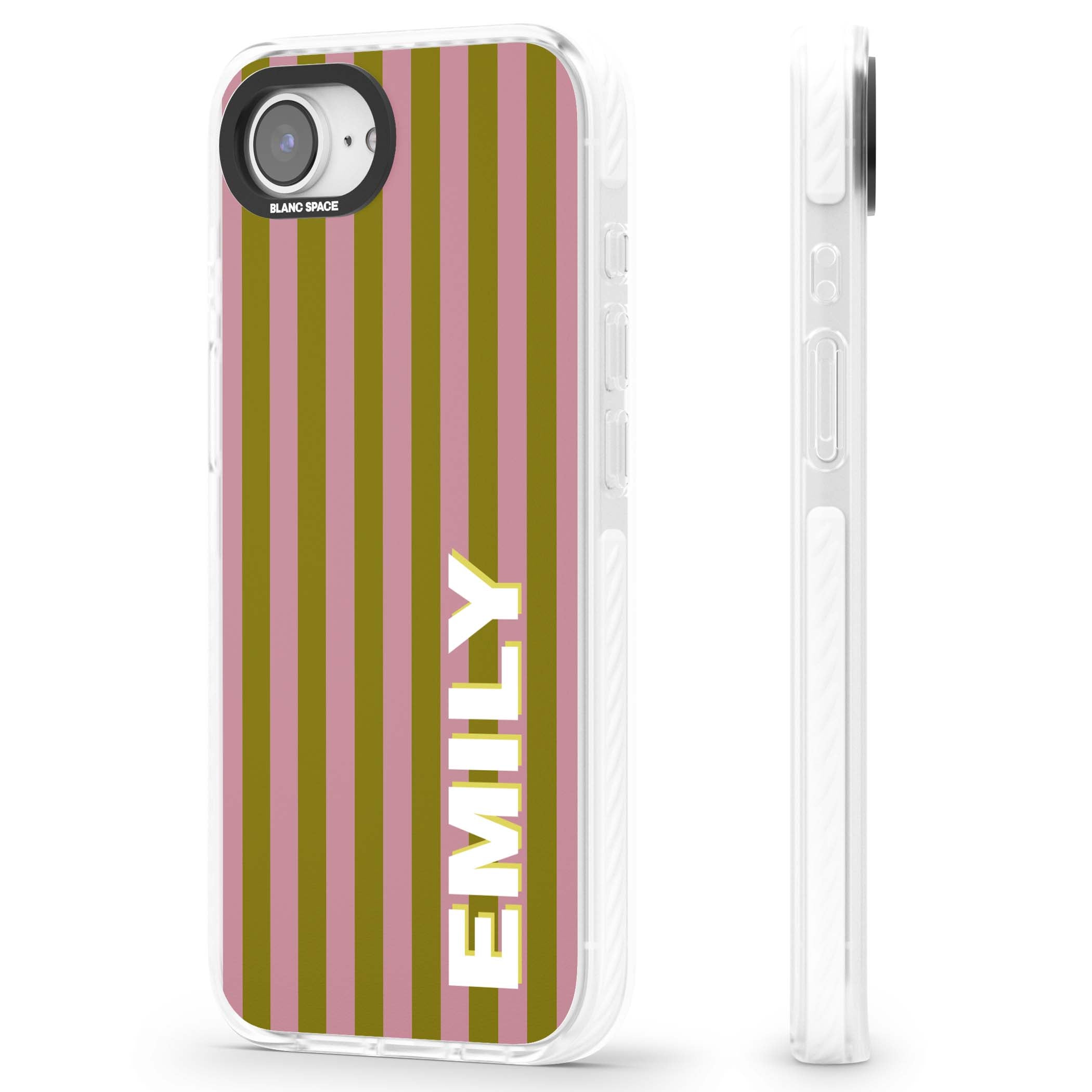 Istanbul Stripe personalised iPhone case featuring pink and olive green vertical stripes with a custom vertical name | Impact Magsafe case for iPhone 16e, iPhone 17e