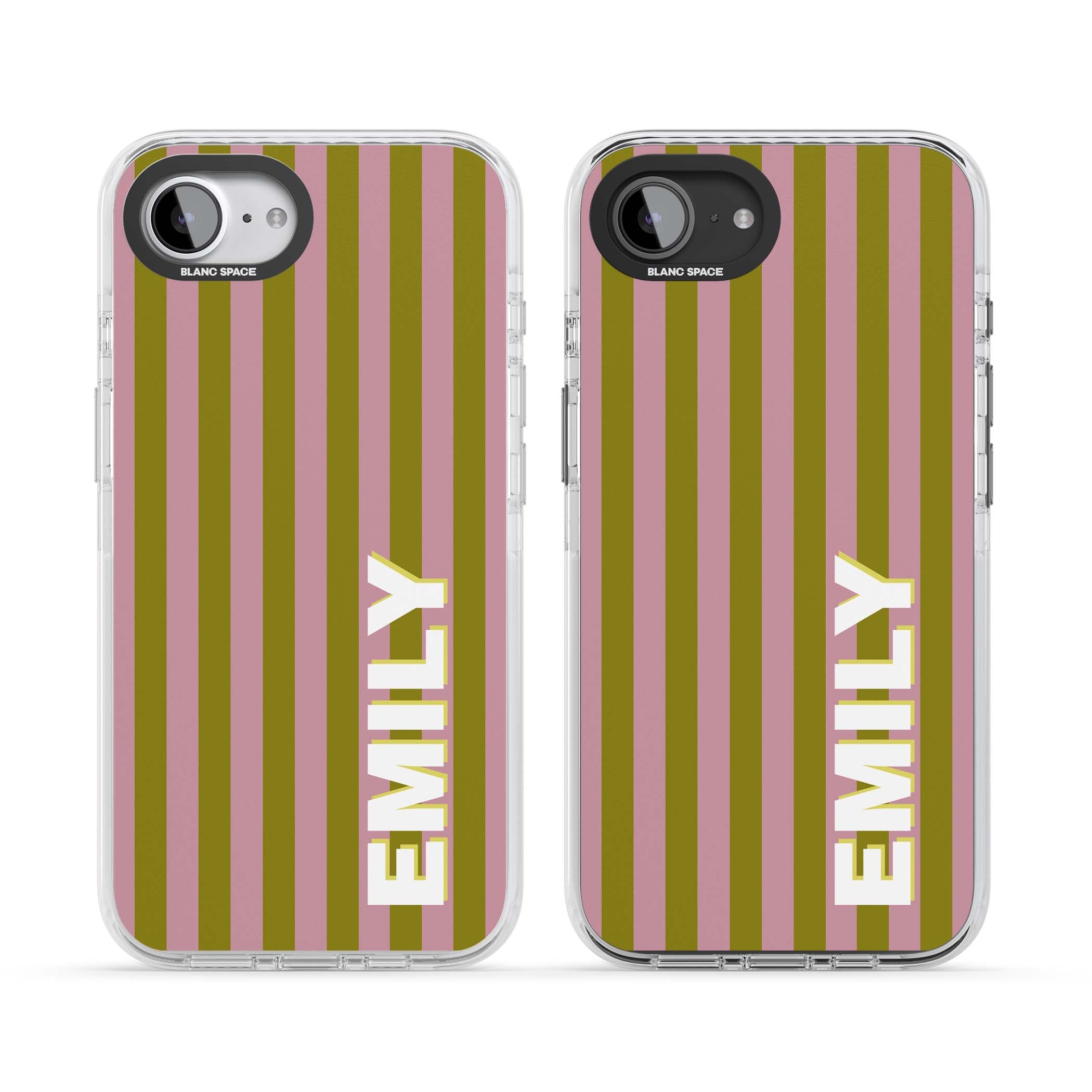 Istanbul Stripe personalised iPhone case featuring pink and olive green vertical stripes with a custom vertical name | Impact Magsafe case for iPhone 16e, iPhone 17e