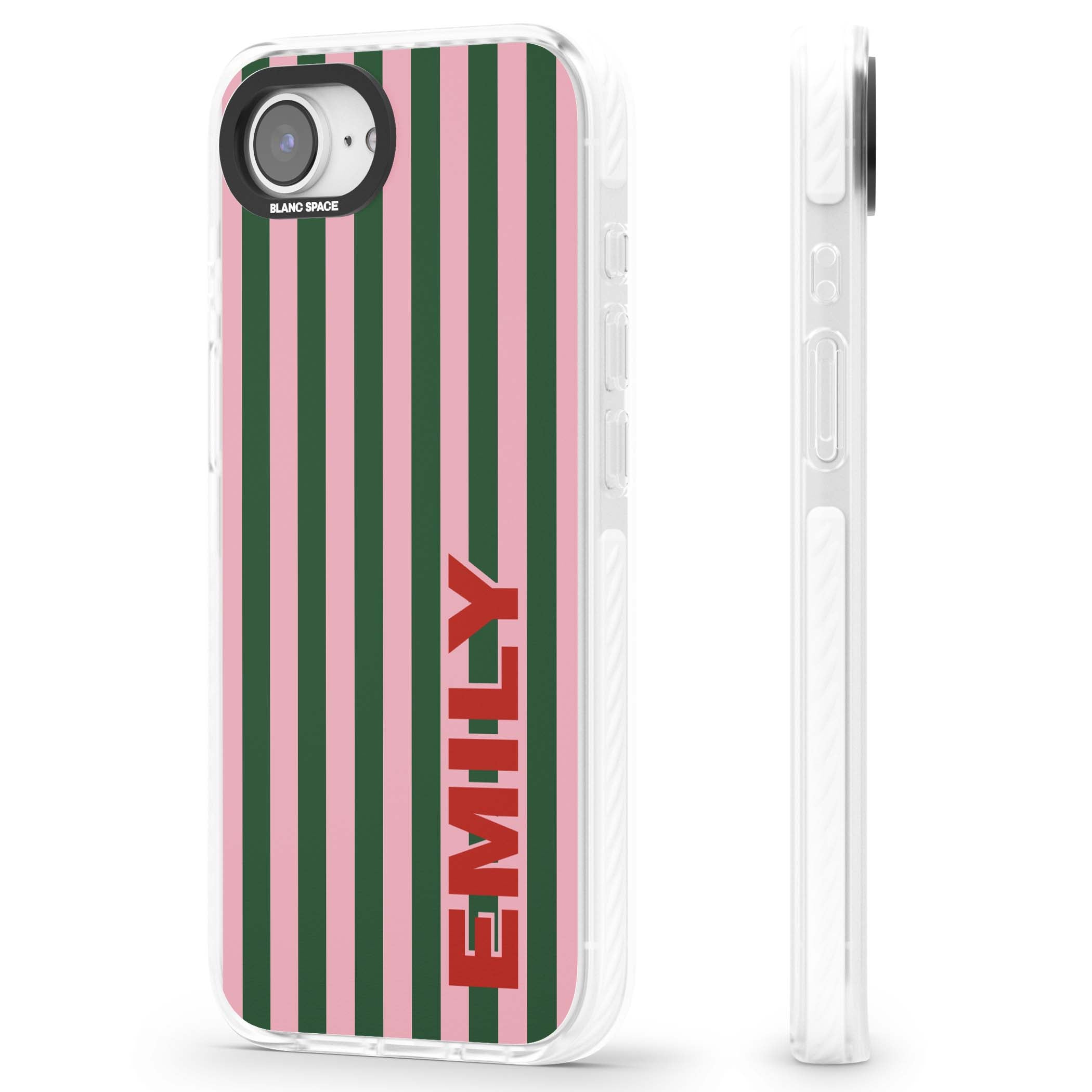 Italian Stripe preppy iPhone case featuring pink and green vertical stripes with personalised red name | Impact Magsafe case for iPhone 16e, iPhone 17e