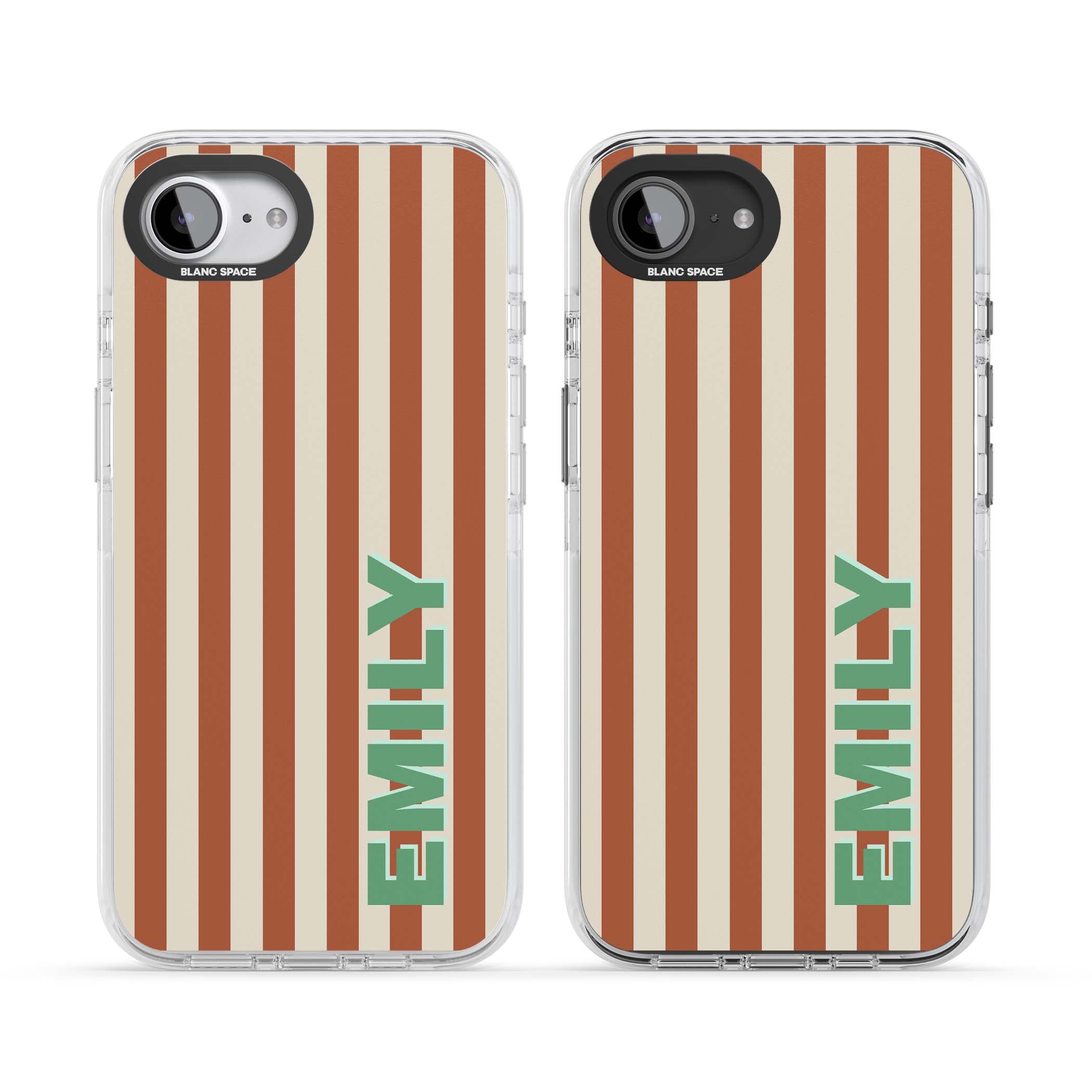 Dune Stripe personalised iPhone case with rust and cream vertical stripes and custom name in mint green | Impact Magsafe case for iPhone 16e, iPhone 17e