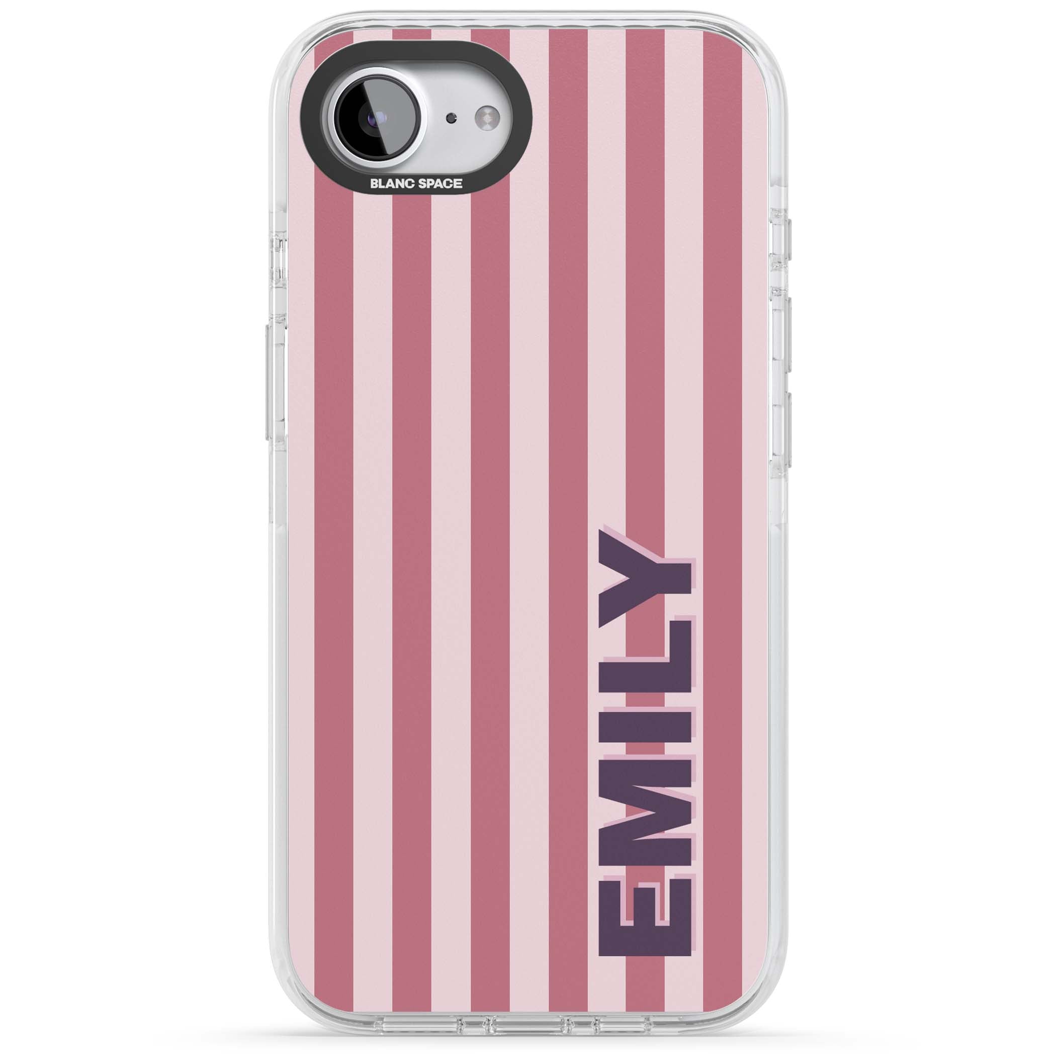 Victoria Stripe personalised iPhone case featuring pink vertical stripes and custom name in bold plum lettering | Impact Magsafe case for iPhone 16e, iPhone 17e