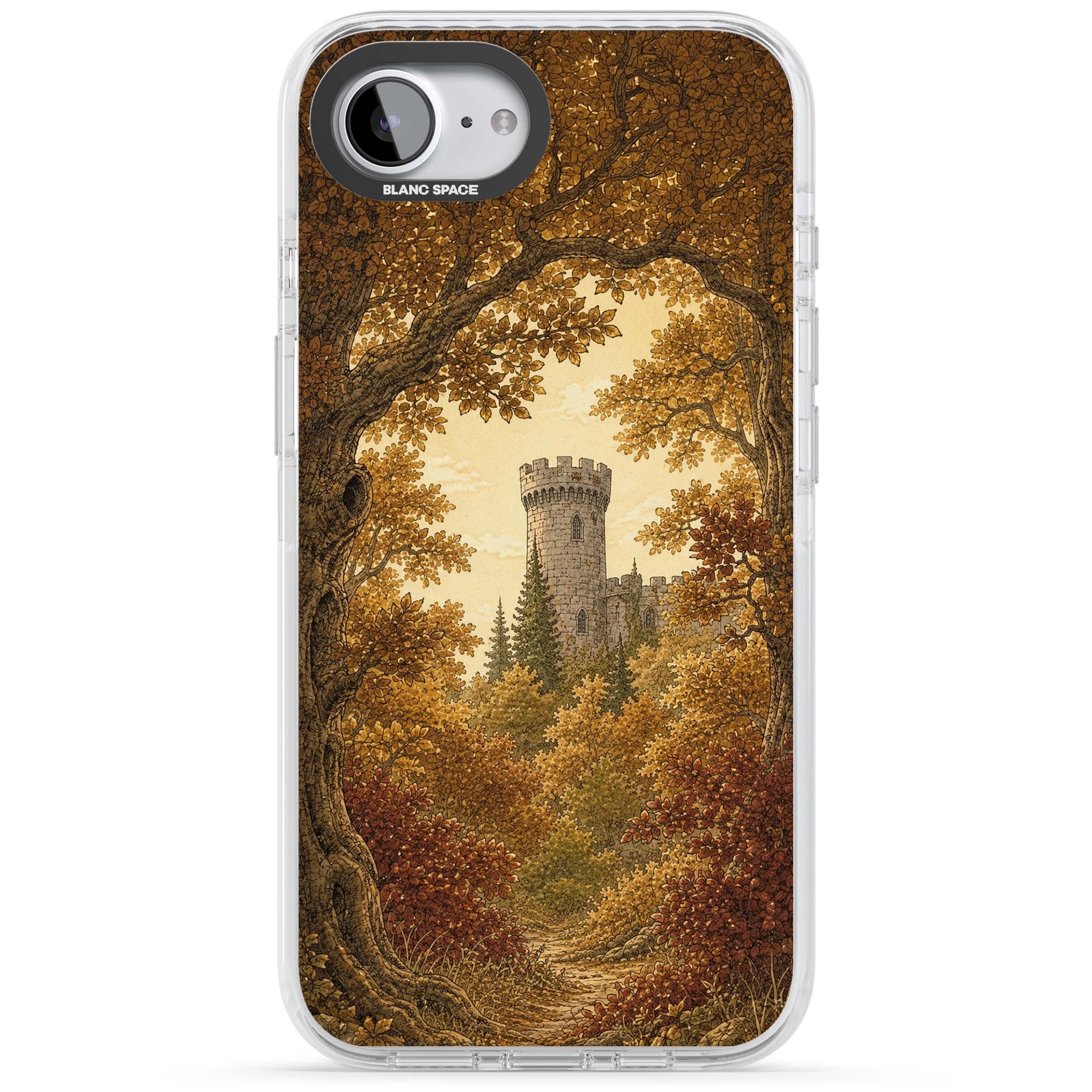 Autumn Keep cottagecore iPhone case featuring a medieval castle tower framed by golden autumn trees and woodland foliage | Impact Magsafe case for iPhone 16e, iPhone 17e