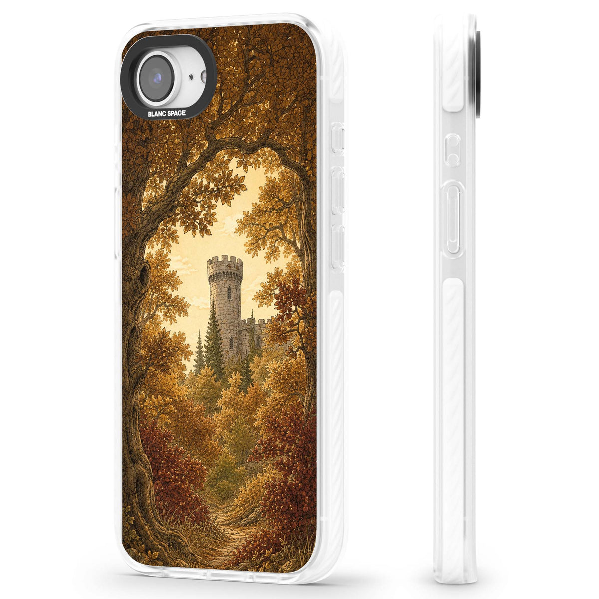 Autumn Keep cottagecore iPhone case featuring a medieval castle tower framed by golden autumn trees and woodland foliage | Impact Magsafe case for iPhone 16e, iPhone 17e