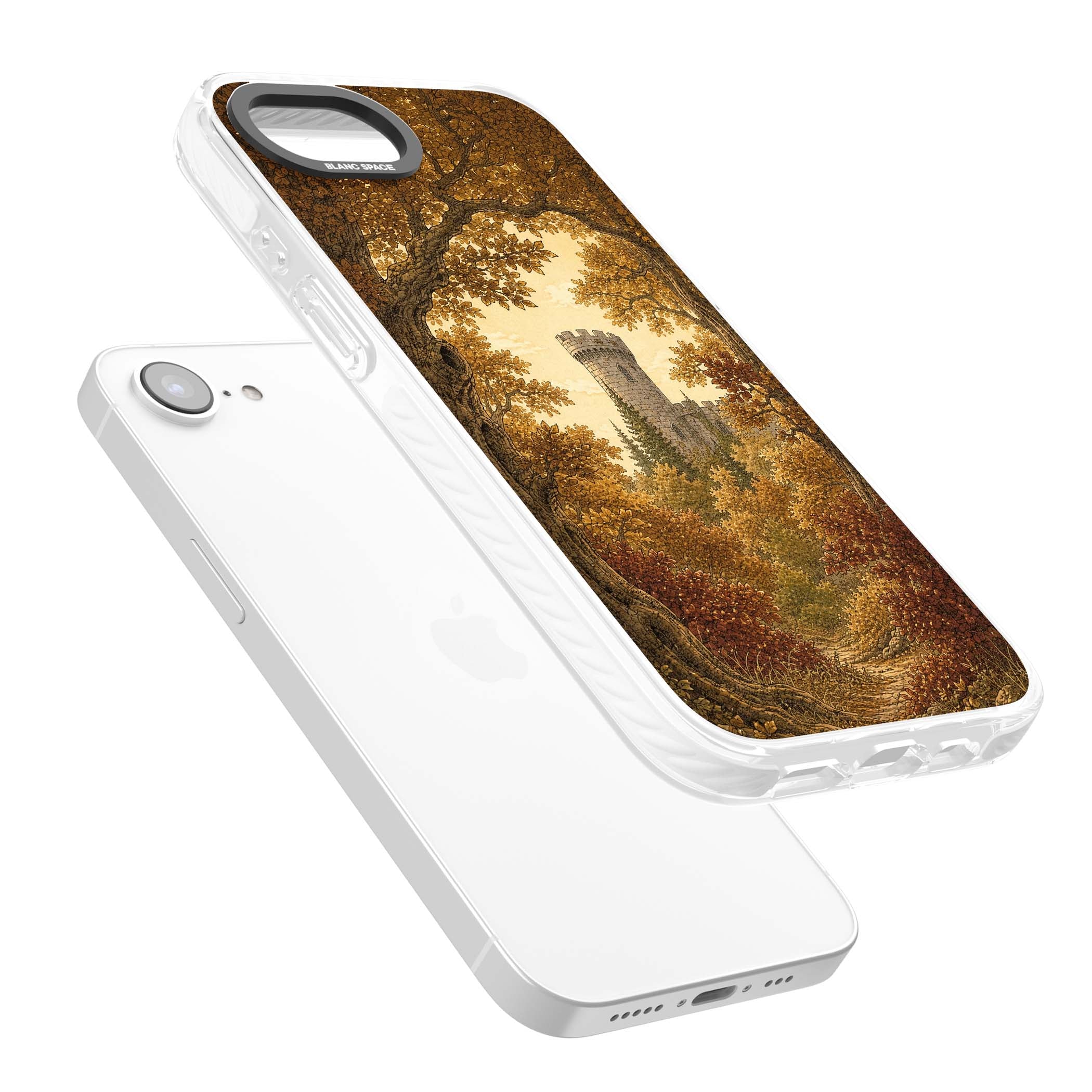 Autumn Keep cottagecore iPhone case featuring a medieval castle tower framed by golden autumn trees and woodland foliage | Impact Magsafe case for iPhone 16e, iPhone 17e