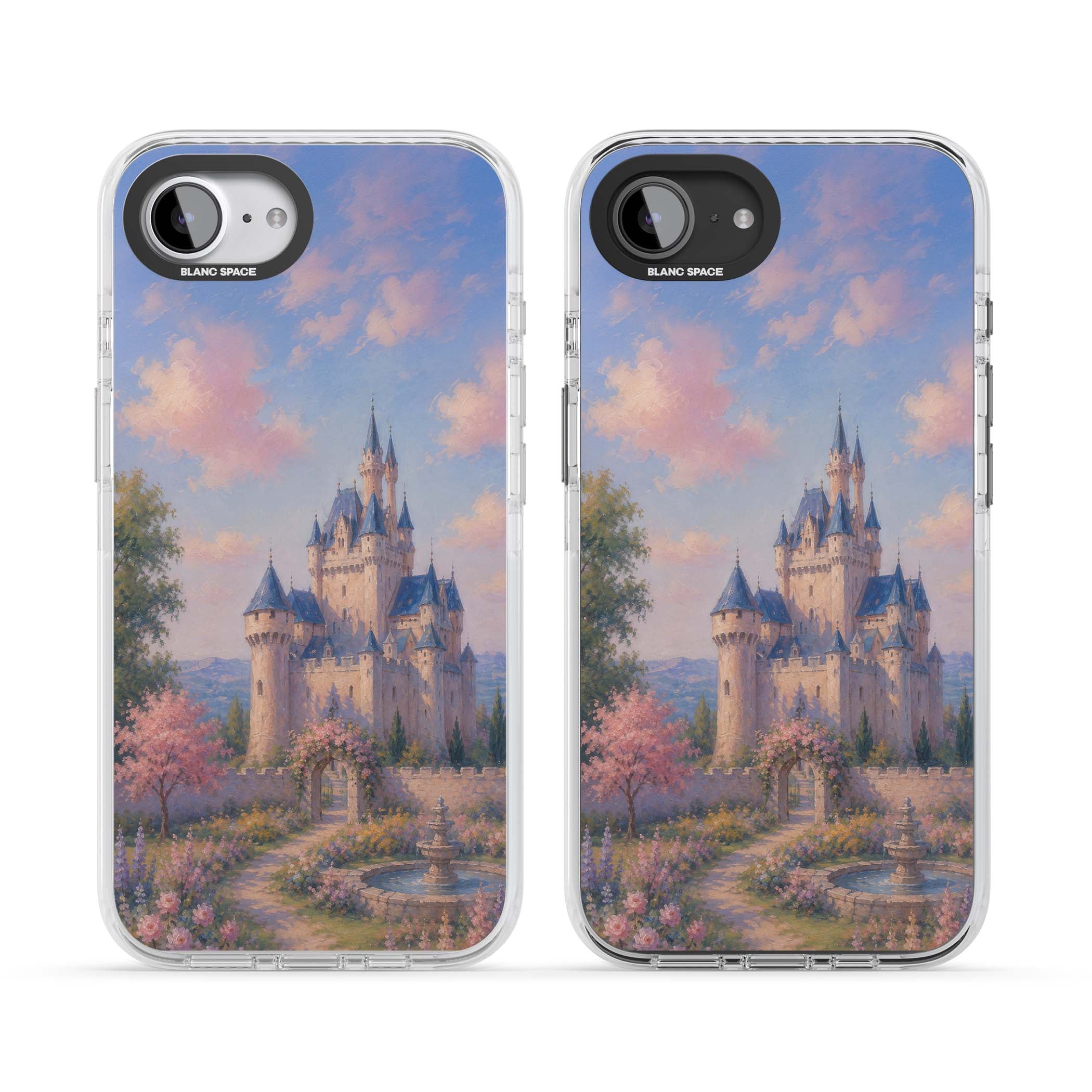 Enchanted Kingdom fairytale iPhone case featuring a romantic castle painting with cherry blossoms and pastel pink sky | Impact Magsafe case for iPhone 16e, iPhone 17e