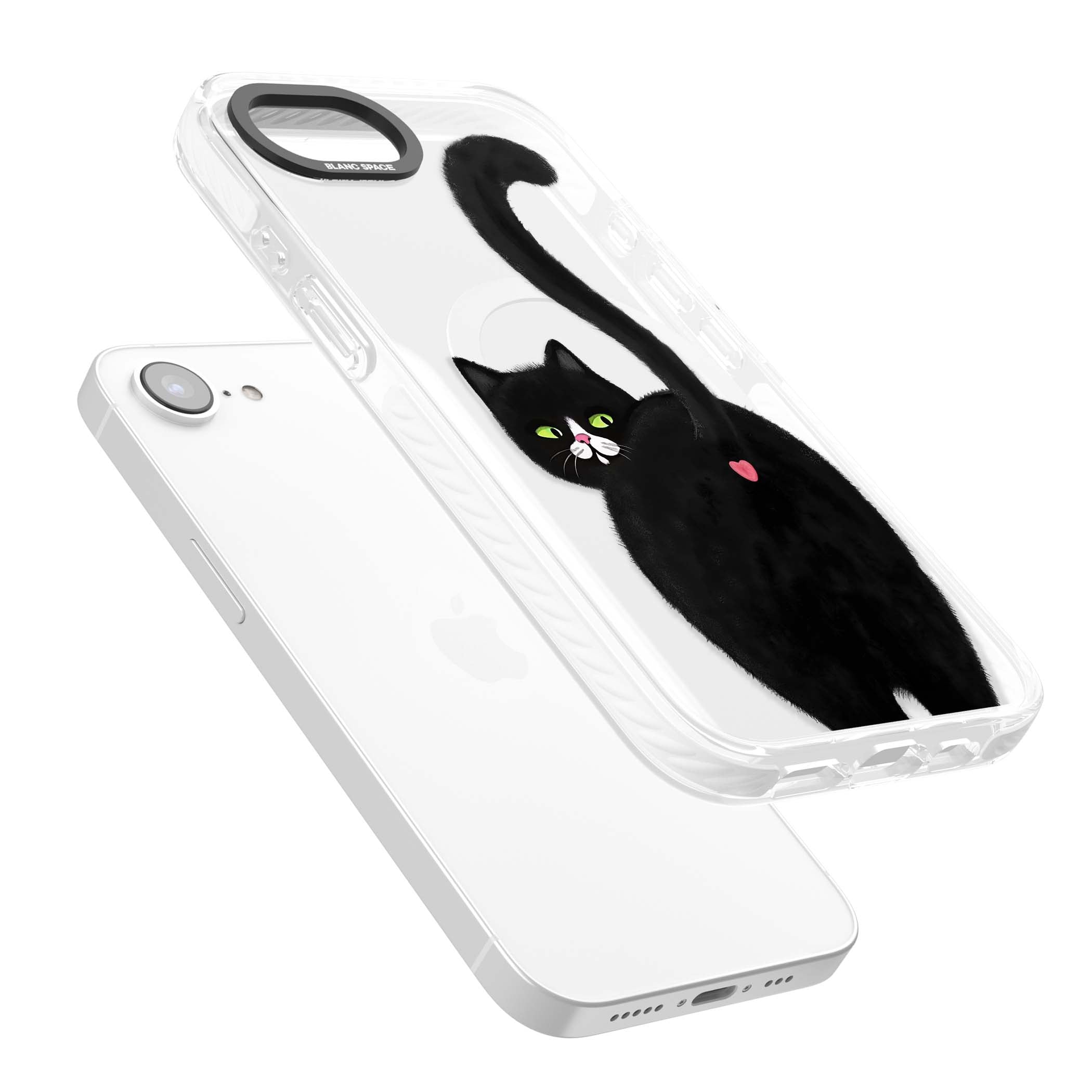 The Cat's Kiss cute cat iPhone case featuring a hand-painted tuxedo kitty with green eyes and a pink heart on a clear  | Impact Magsafe case for iPhone 16e, iPhone 17e