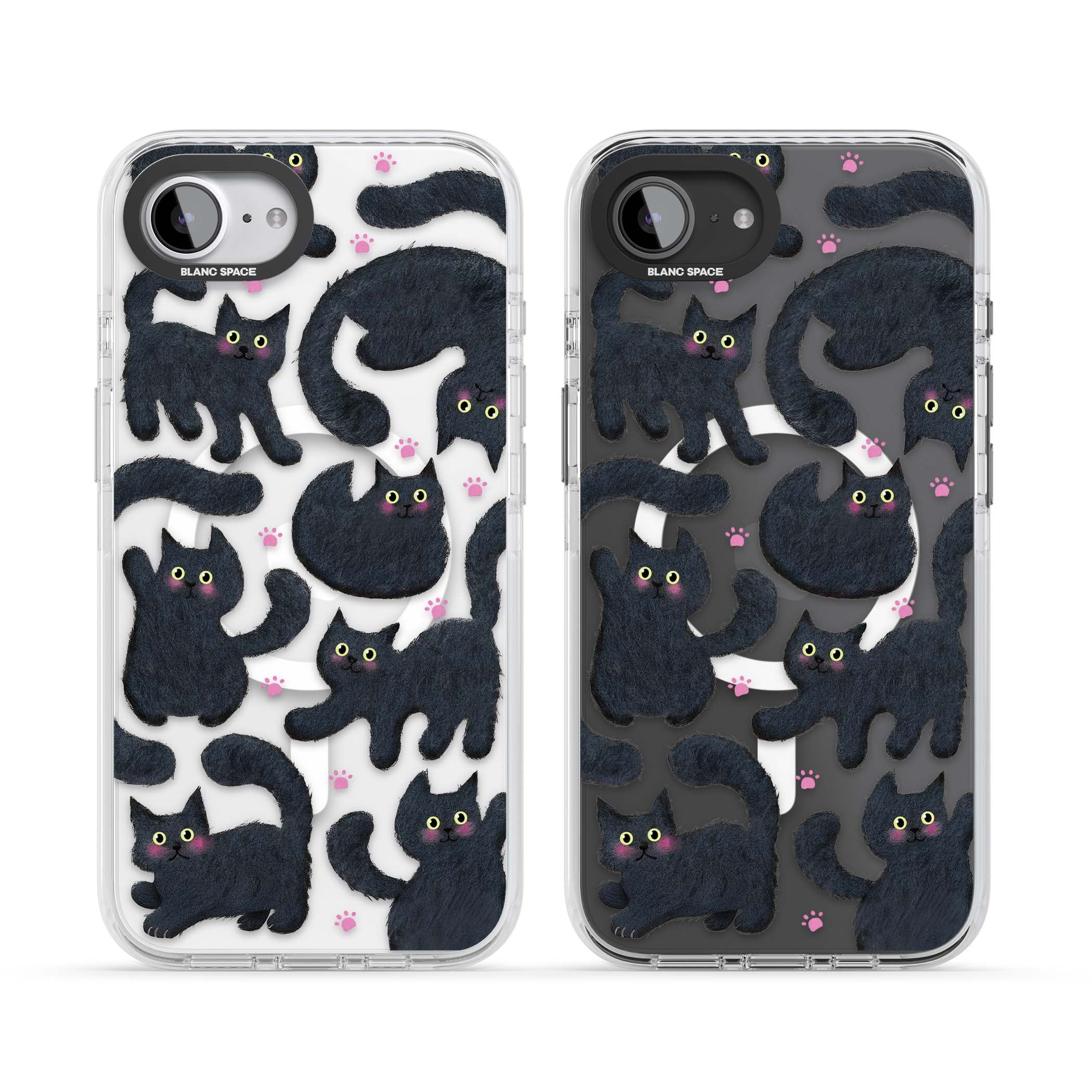 Midnight Cats cute iPhone case featuring black cat pattern with yellow eyes and pink paw prints | Impact Magsafe case for iPhone 16e, iPhone 17e