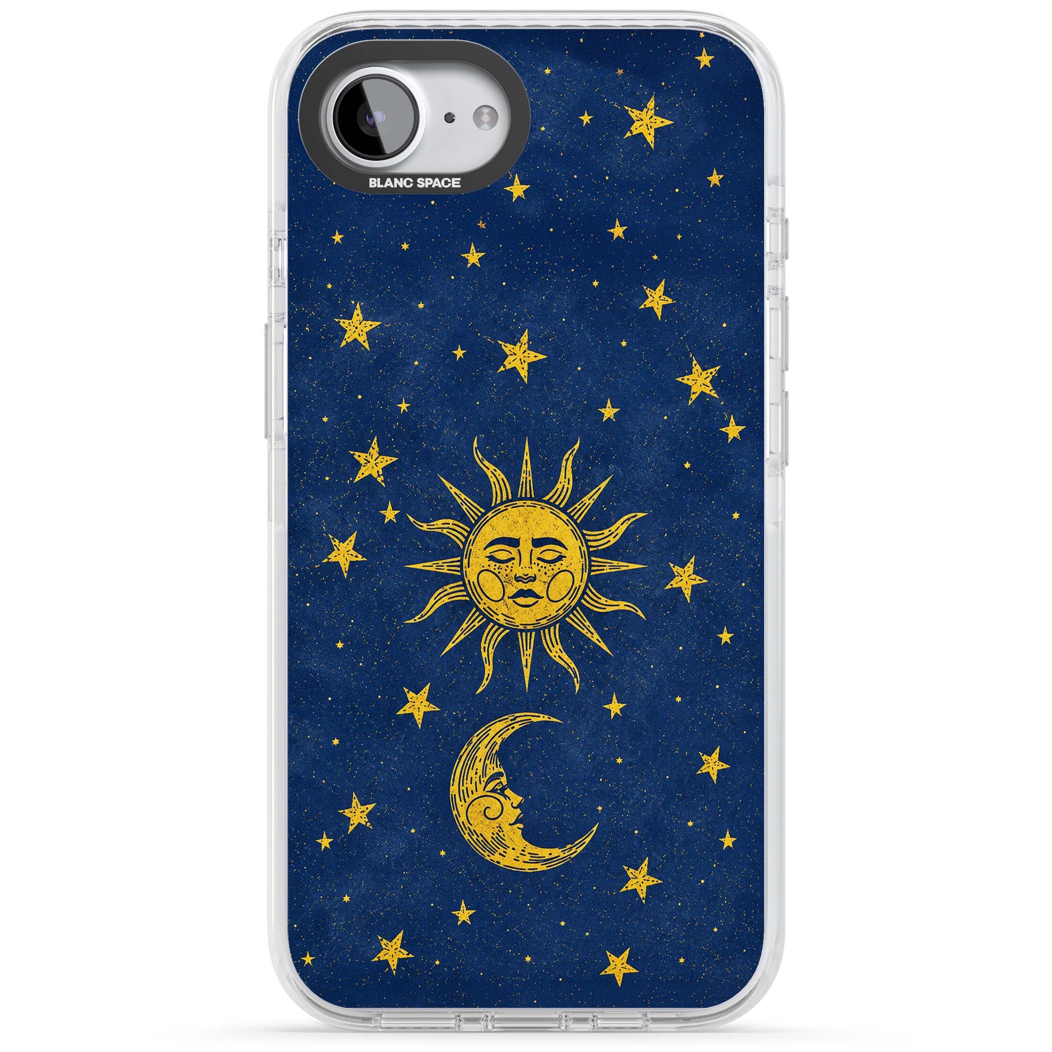 Sun & Moon Reverie celestial iPhone case featuring a vintage golden sun, crescent moon and scattered stars on midnight blue | Impact Magsafe case for iPhone 16e, iPhone 17e