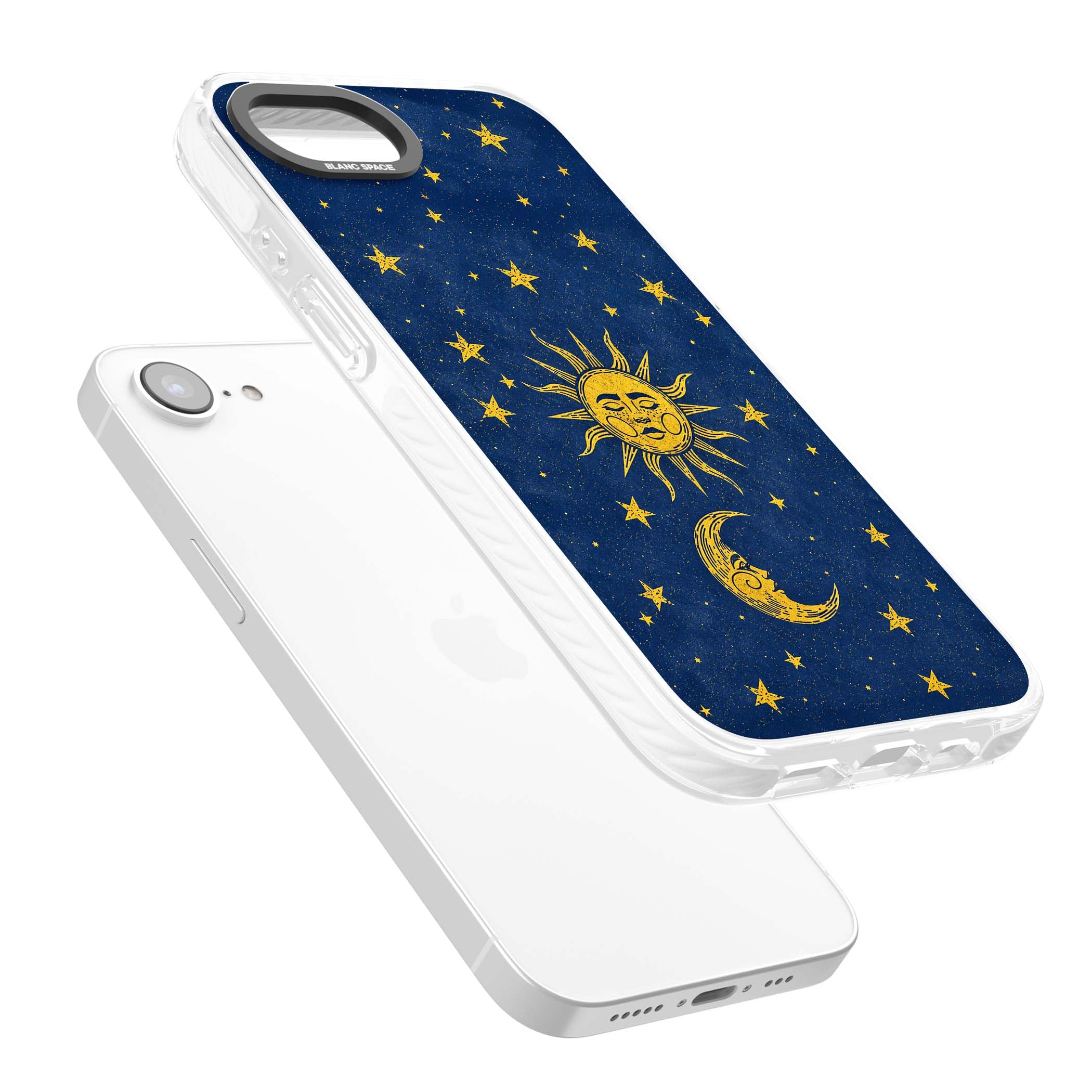 Sun & Moon Reverie celestial iPhone case featuring a vintage golden sun, crescent moon and scattered stars on midnight blue | Impact Magsafe case for iPhone 16e, iPhone 17e