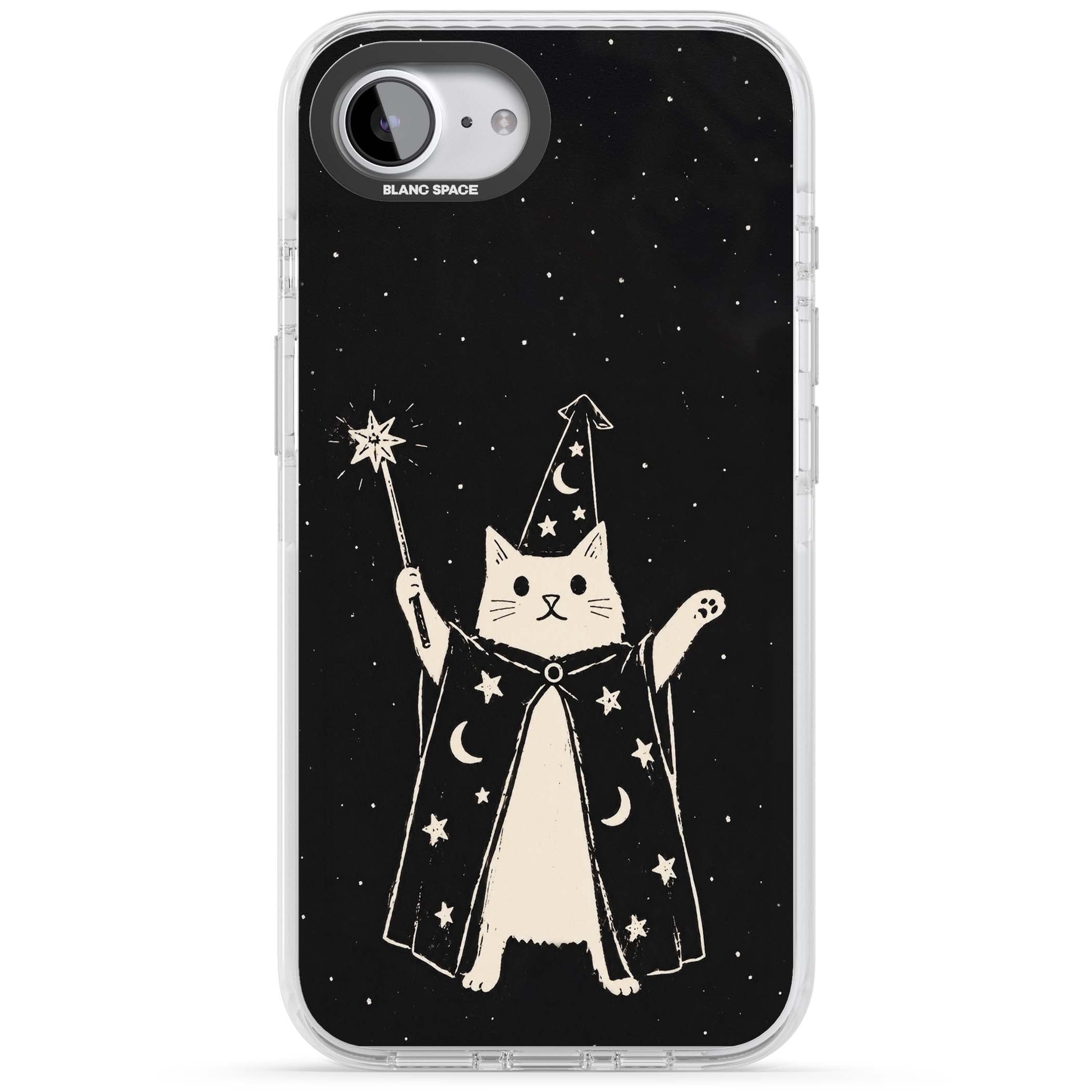 Whisker Wizard celestial cat iPhone case featuring a wizard cat with magic wand, starry night sky and crescent moons | Impact Magsafe case for iPhone 16e, iPhone 17e