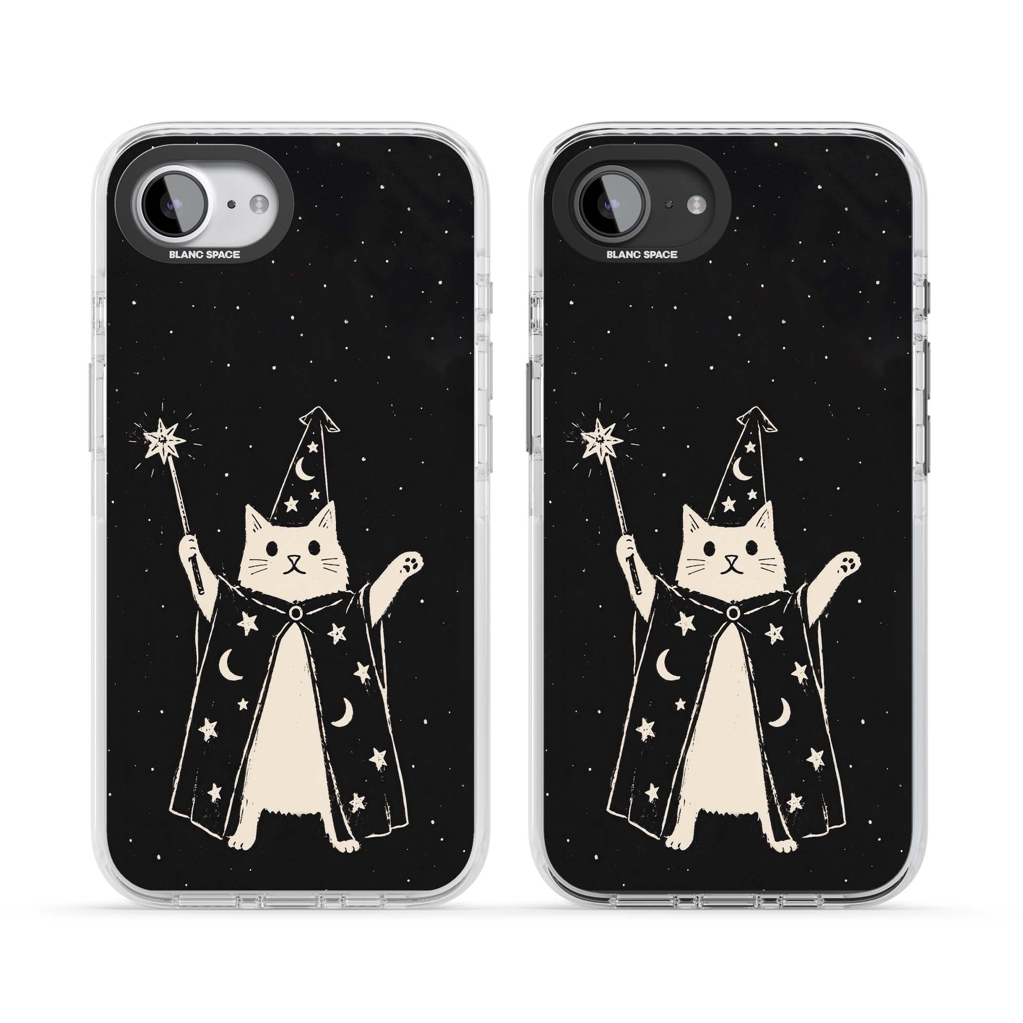 Whisker Wizard celestial cat iPhone case featuring a wizard cat with magic wand, starry night sky and crescent moons | Impact Magsafe case for iPhone 16e, iPhone 17e