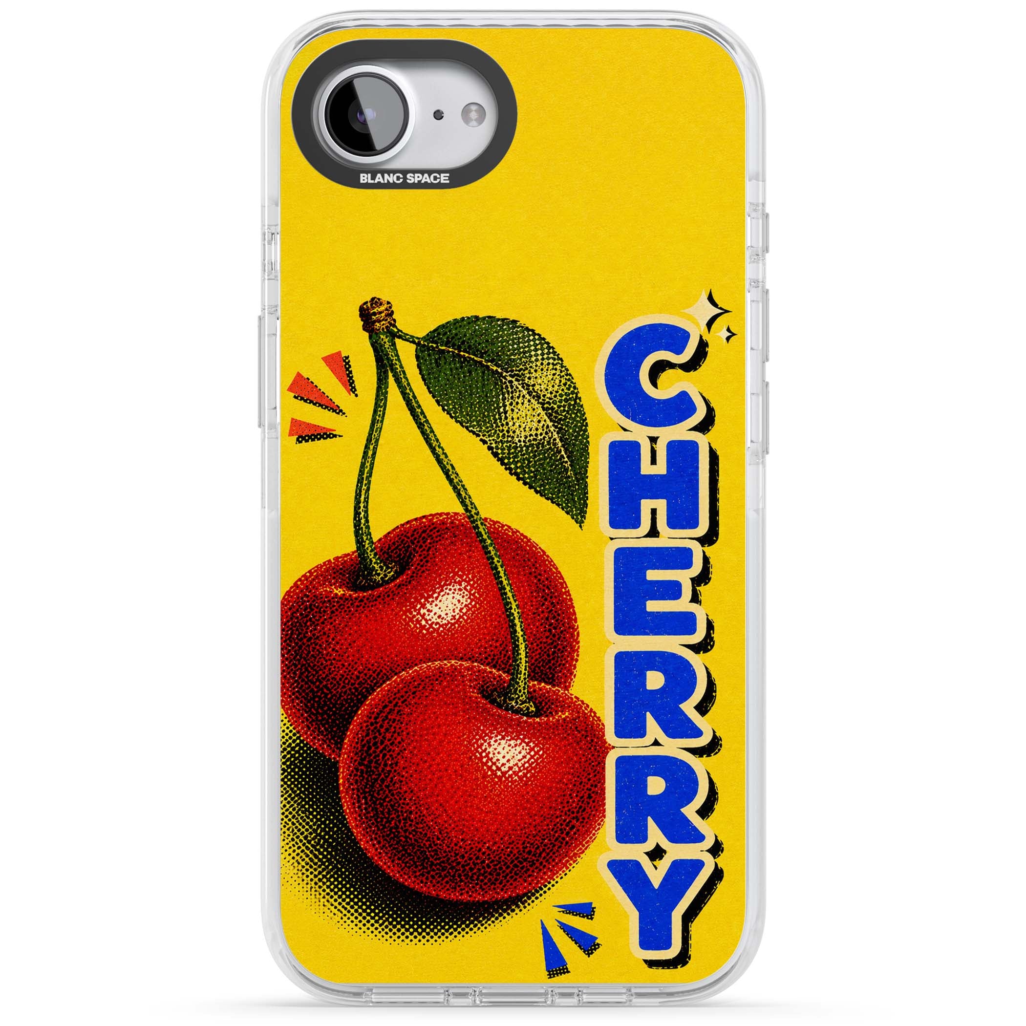 Cherry Yellow y2k iPhone case featuring two red cherries, halftone shading and bold blue CHERRY lettering on yellow | Impact Magsafe case for iPhone 16e, iPhone 17e