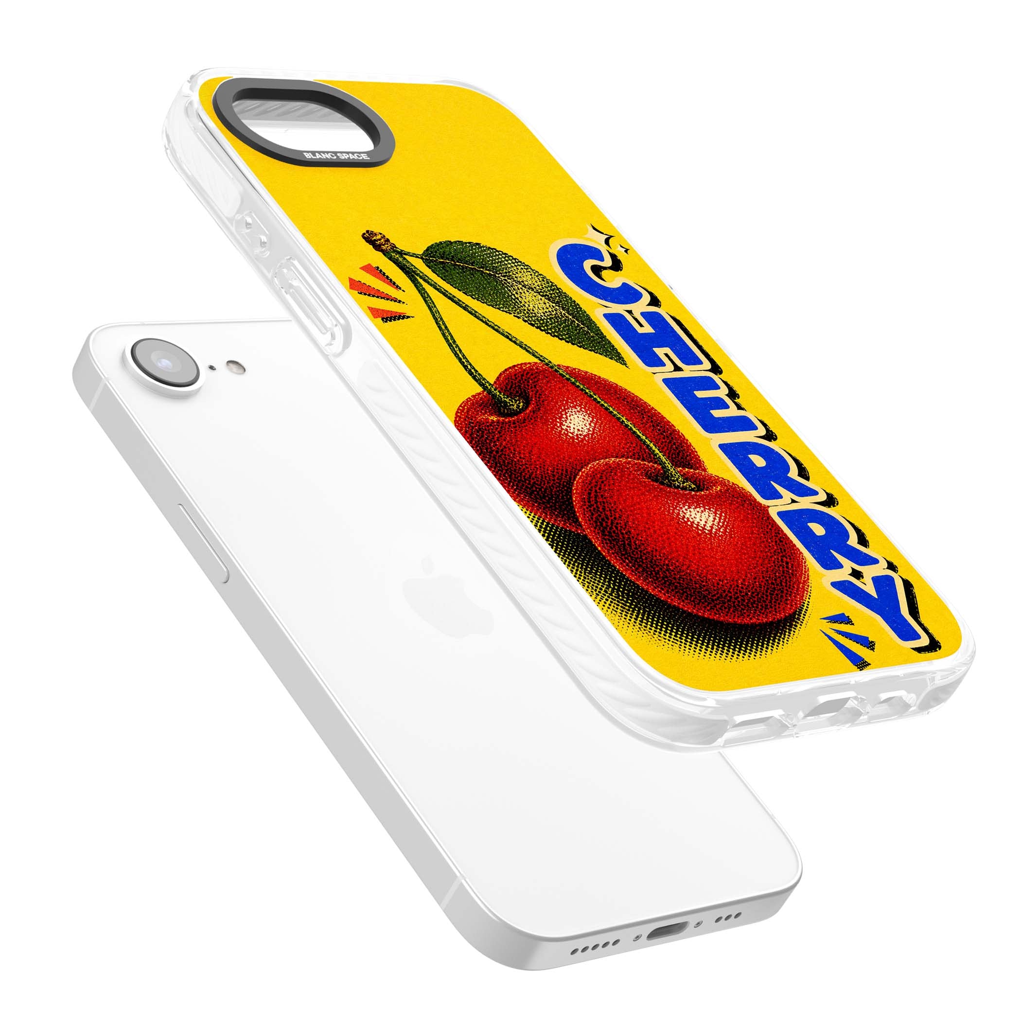Cherry Yellow y2k iPhone case featuring two red cherries, halftone shading and bold blue CHERRY lettering on yellow | Impact Magsafe case for iPhone 16e, iPhone 17e