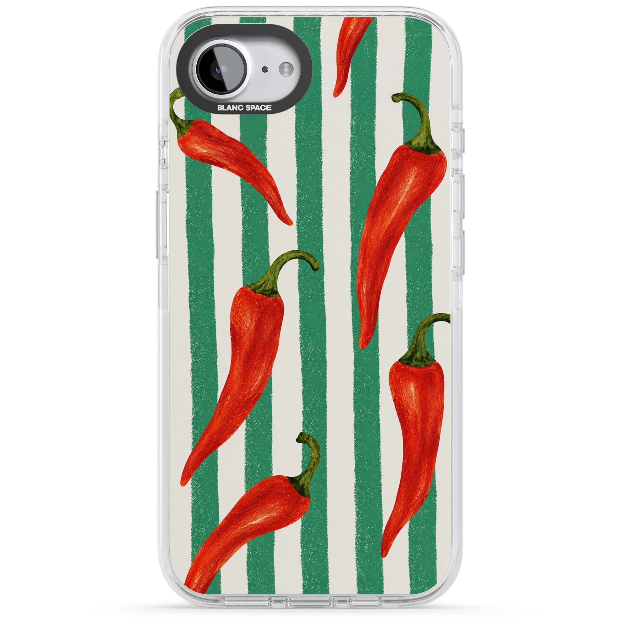 Striped Chillis coastal iPhone case featuring hand-painted red chili peppers on green and cream stripes | Impact Magsafe case for iPhone 16e, iPhone 17e