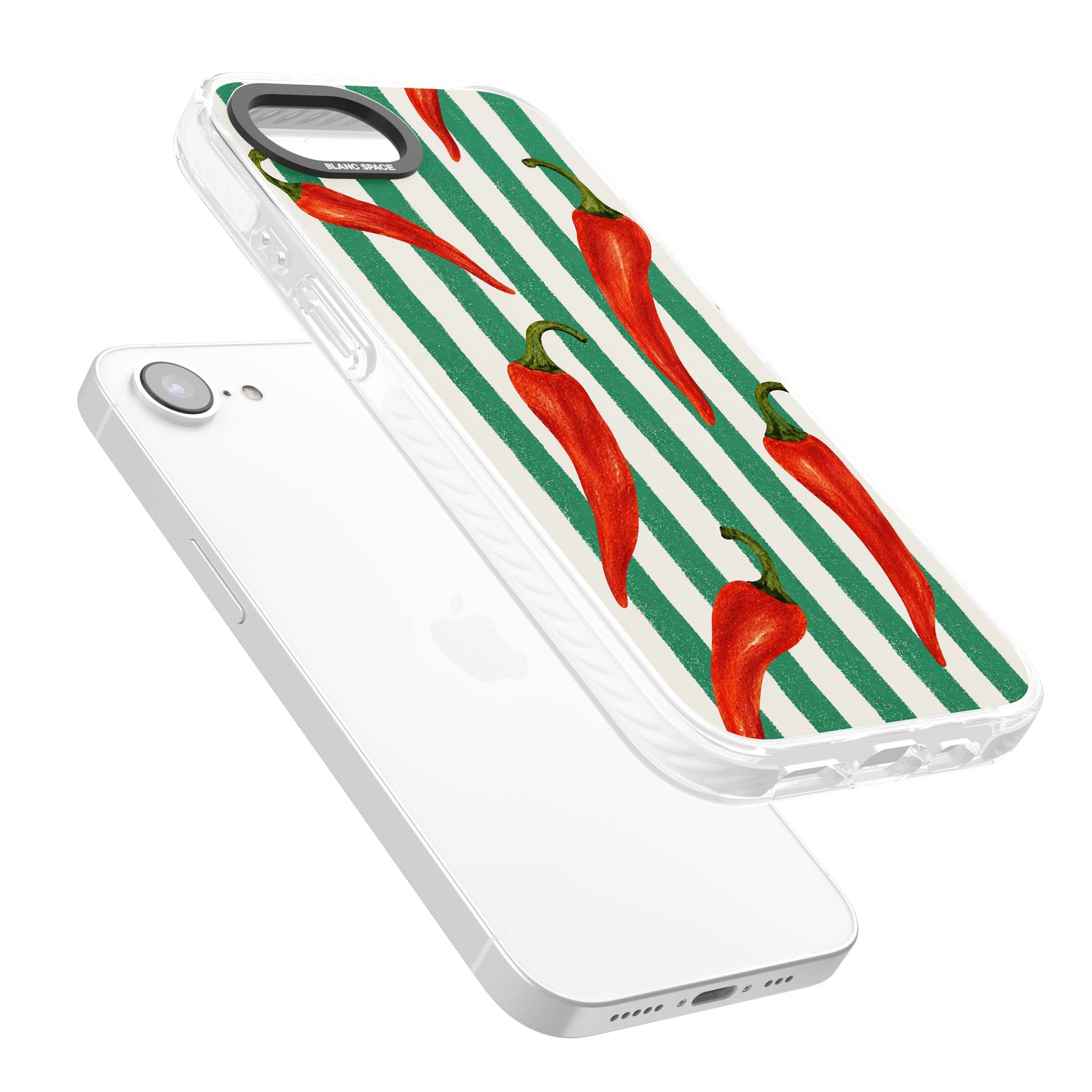 Striped Chillis coastal iPhone case featuring hand-painted red chili peppers on green and cream stripes | Impact Magsafe case for iPhone 16e, iPhone 17e