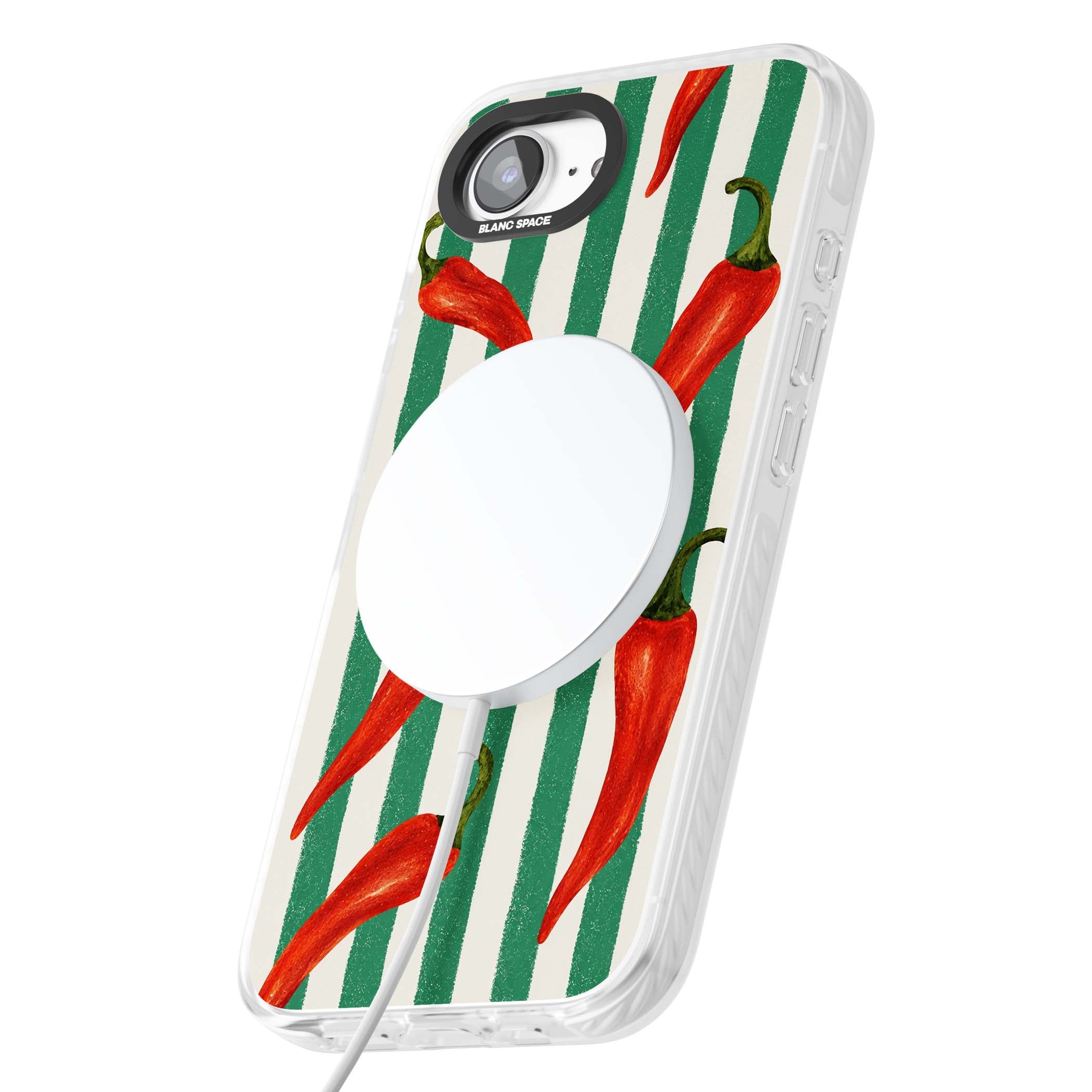 Striped Chillis coastal iPhone case featuring hand-painted red chili peppers on green and cream stripes | Impact Magsafe case for iPhone 16e, iPhone 17e