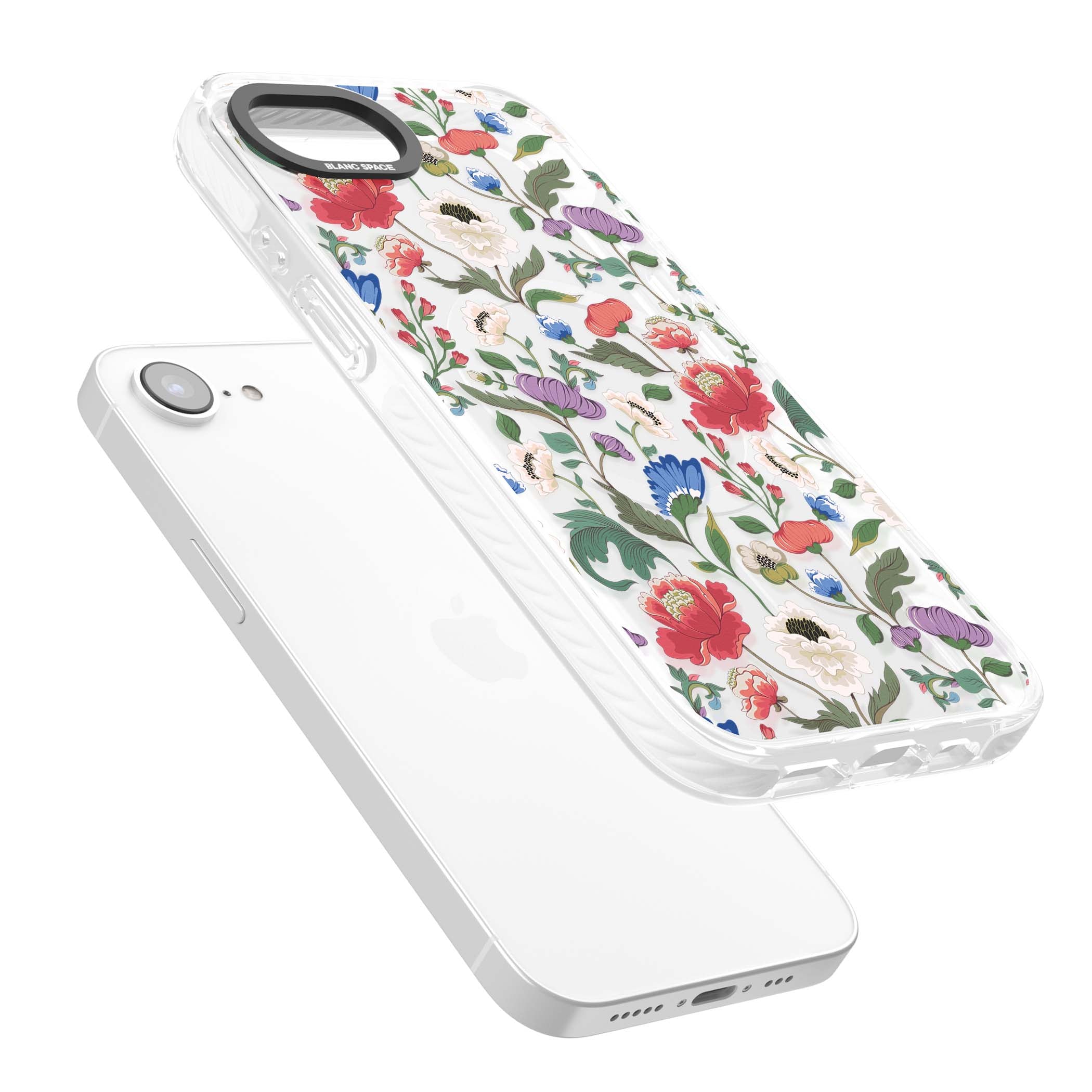 Chinoiserie Bloom vintage floral iPhone case featuring hand-painted peonies, poppies and trailing wildflowers on clear... | Impact Magsafe case for iPhone 16e, iPhone 17e