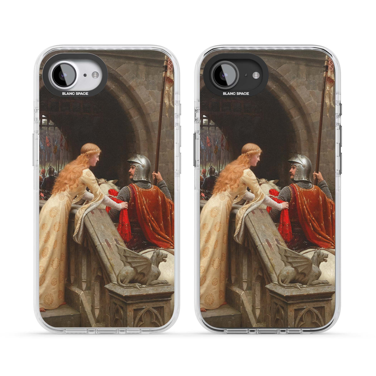 God Speed fine art iPhone case featuring Edmund Blair Leighton's medieval knight and lady beneath a stone archway | Impact Magsafe case for iPhone 16e, iPhone 17e