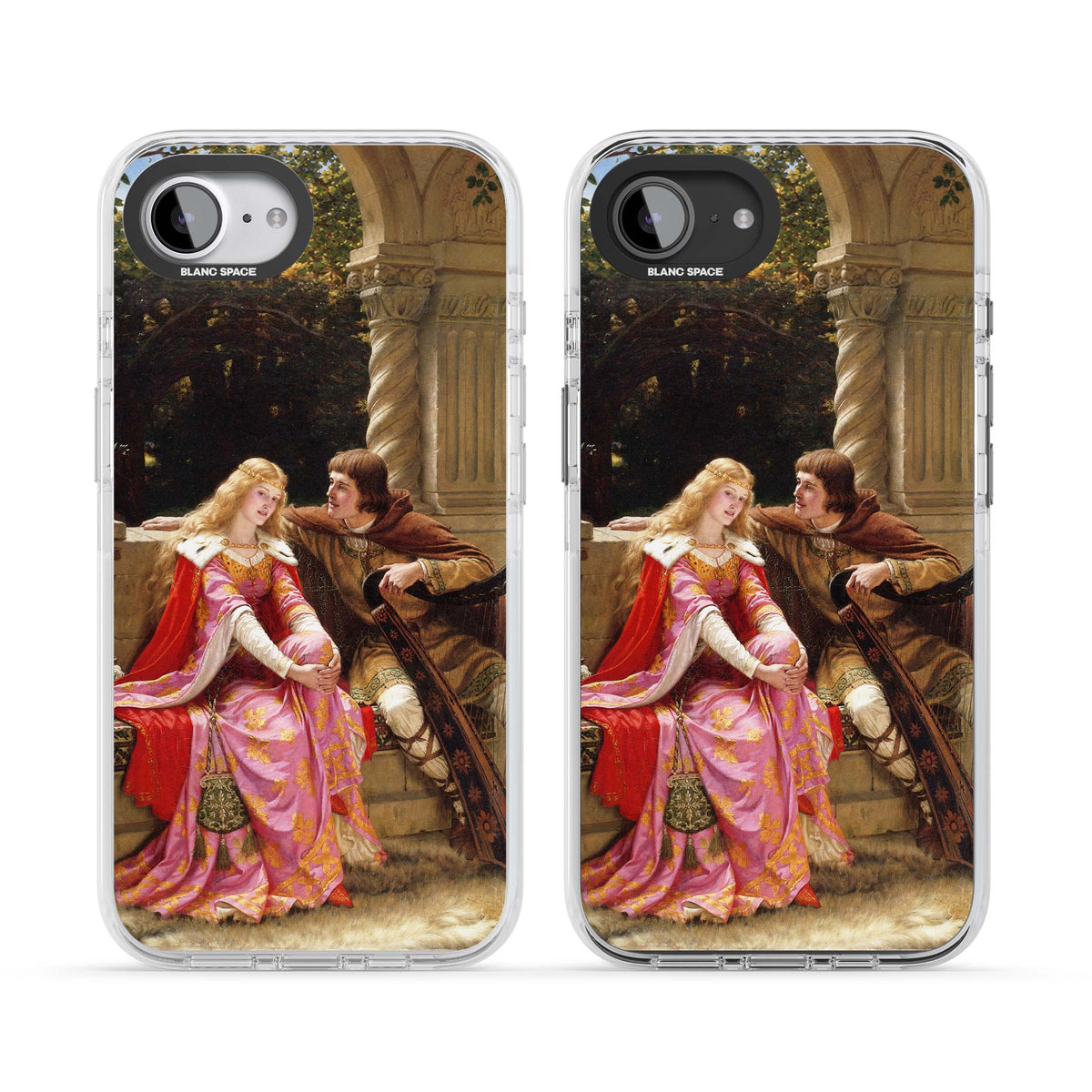 The End of the Song classic art iPhone case featuring a medieval lady in pink gown and her knight in a stone archway | Impact Magsafe case for iPhone 16e, iPhone 17e