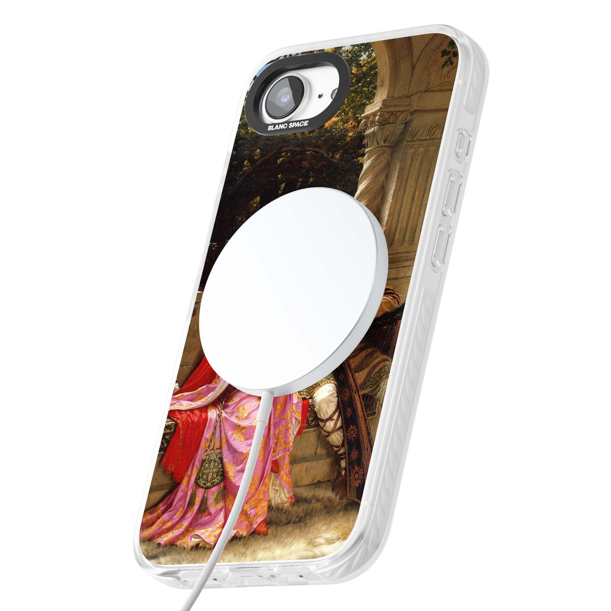 The End of the Song classic art iPhone case featuring a medieval lady in pink gown and her knight in a stone archway | Impact Magsafe case for iPhone 16e, iPhone 17e