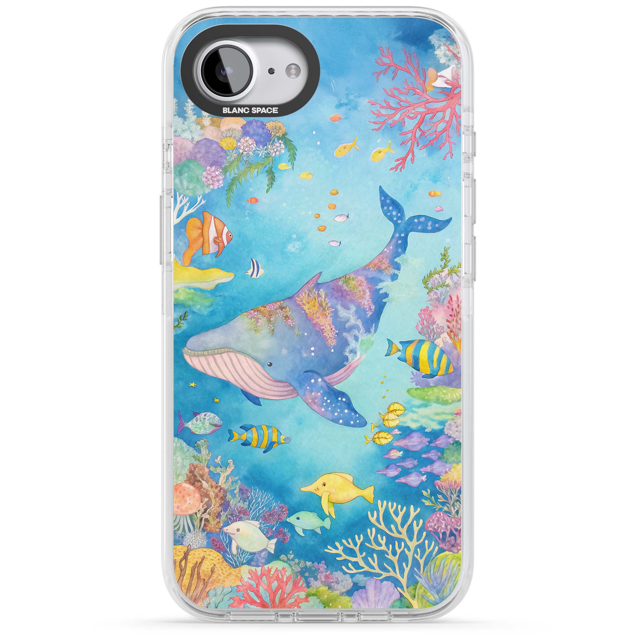 Coral Lagoon ocean iPhone case featuring a watercolour whale, coral reef and tropical fish | Impact Magsafe case for iPhone 16e, iPhone 17e