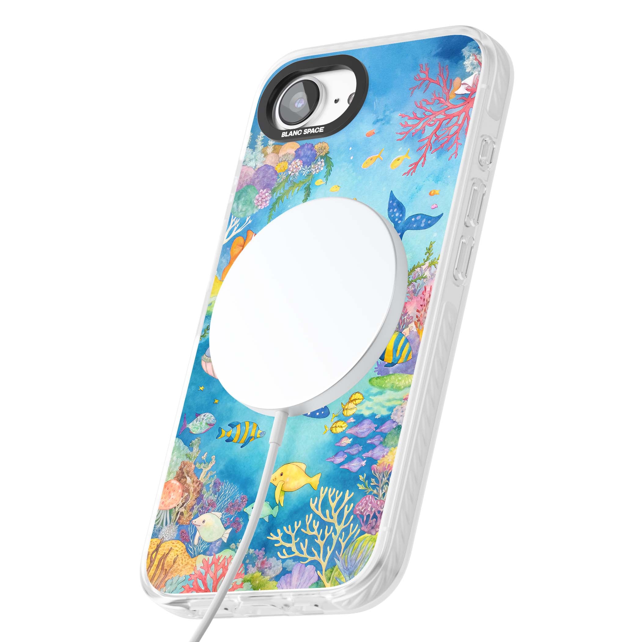 Coral Lagoon ocean iPhone case featuring a watercolour whale, coral reef and tropical fish | Impact Magsafe case for iPhone 16e, iPhone 17e