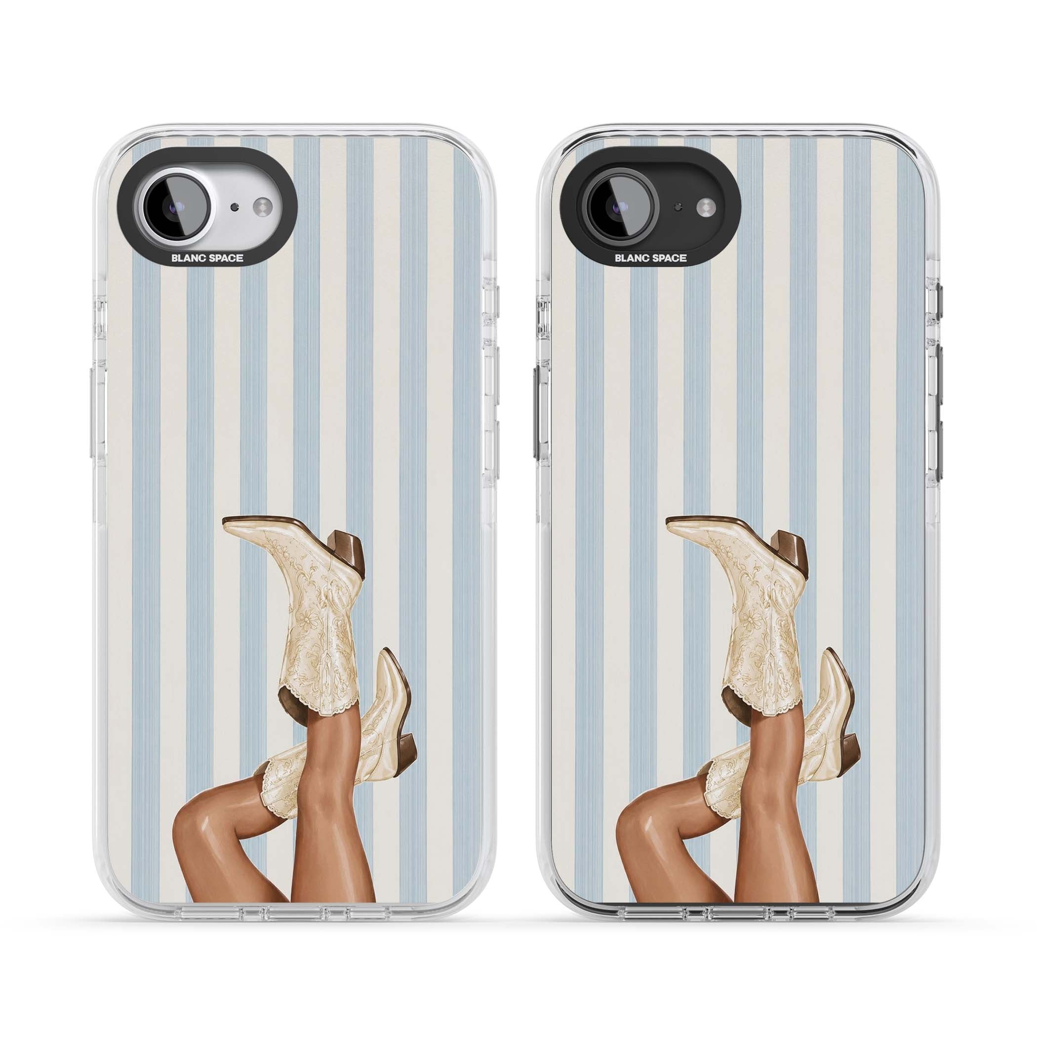 Cowgirl Boots coastal cowgirl iPhone case featuring embroidered western boots, tanned legs and a blue stripe backdrop | Impact Magsafe case for iPhone 16e, iPhone 17e