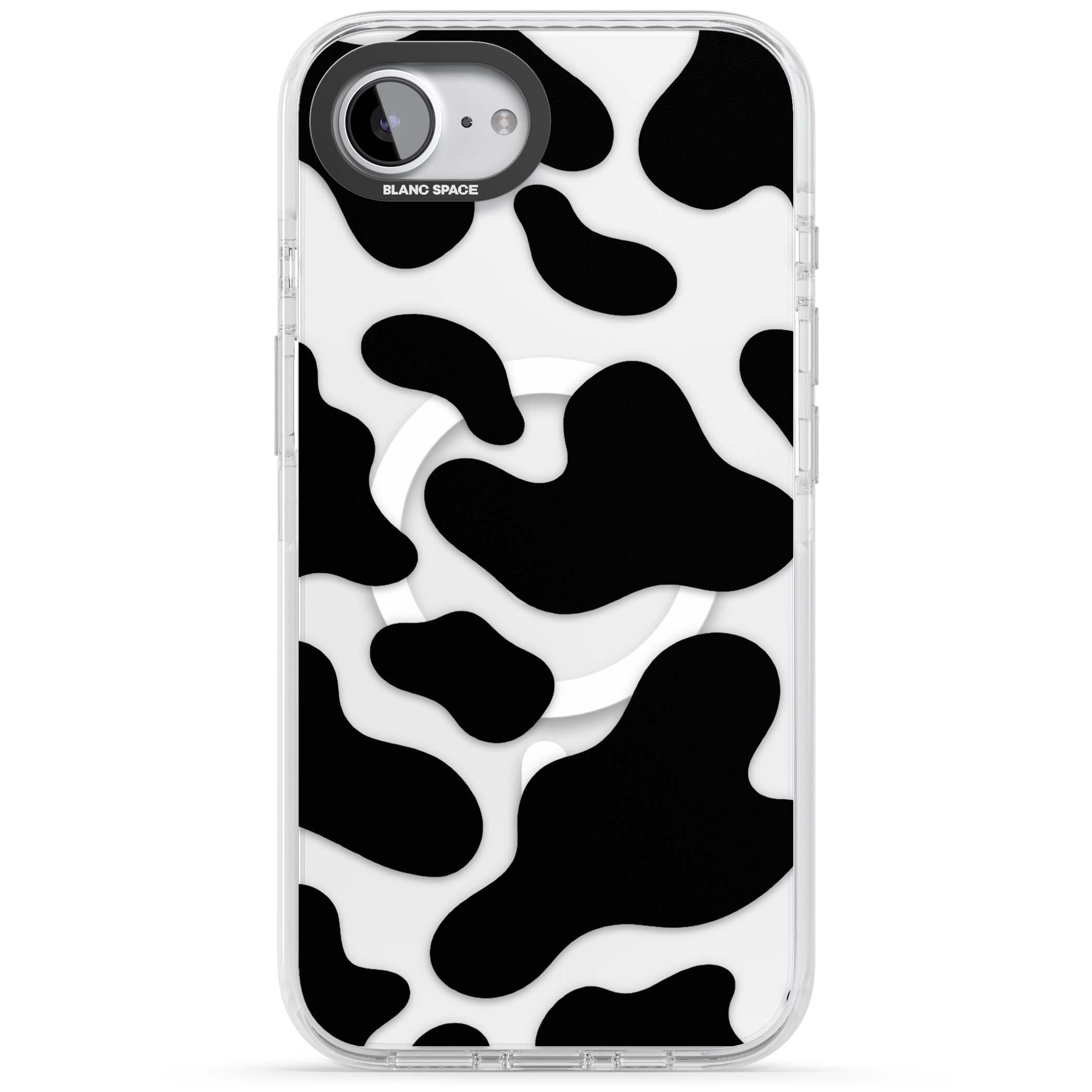 Clear Cow Print cow print iPhone case featuring black and white cow pattern splotches on a clear background | Impact Magsafe case for iPhone 16e, iPhone 17e