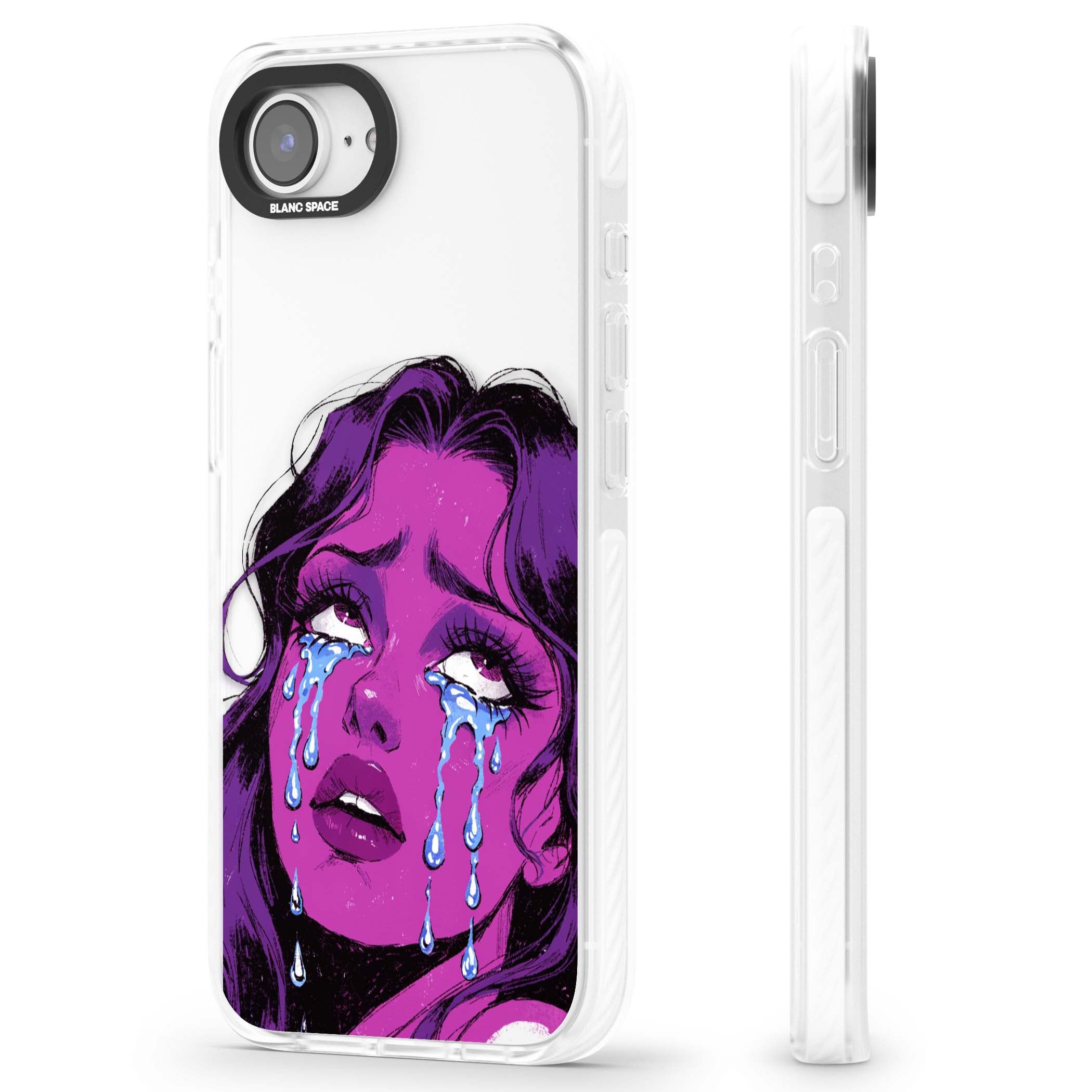Drama Queen pop art iPhone case featuring a purple crying comic girl with blue tears | Impact Magsafe case for iPhone 16e, iPhone 17e