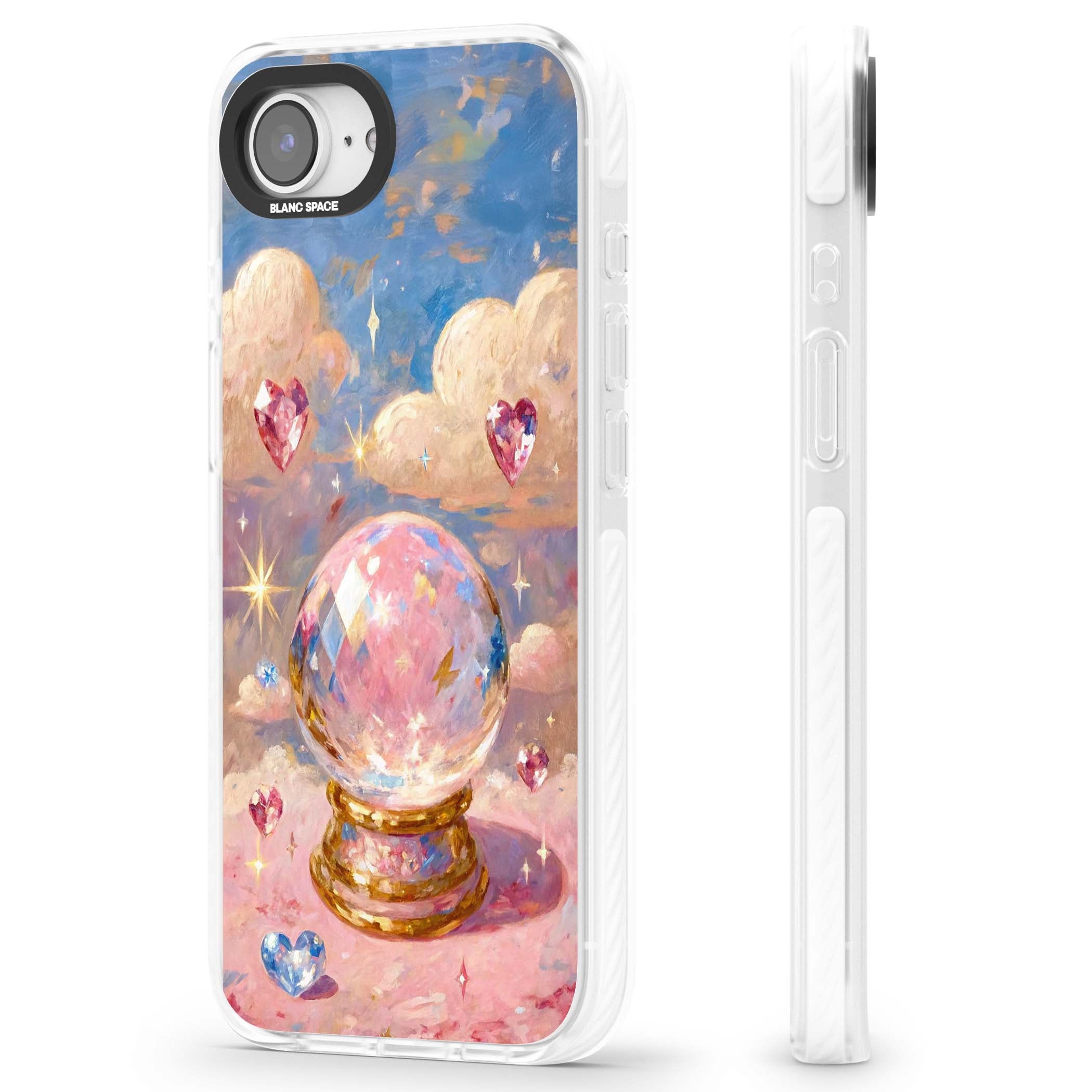 Crystal Ball fairycore iPhone case featuring a painted crystal ball, heart gemstones, and pastel clouds | Impact Magsafe case for iPhone 16e, iPhone 17e