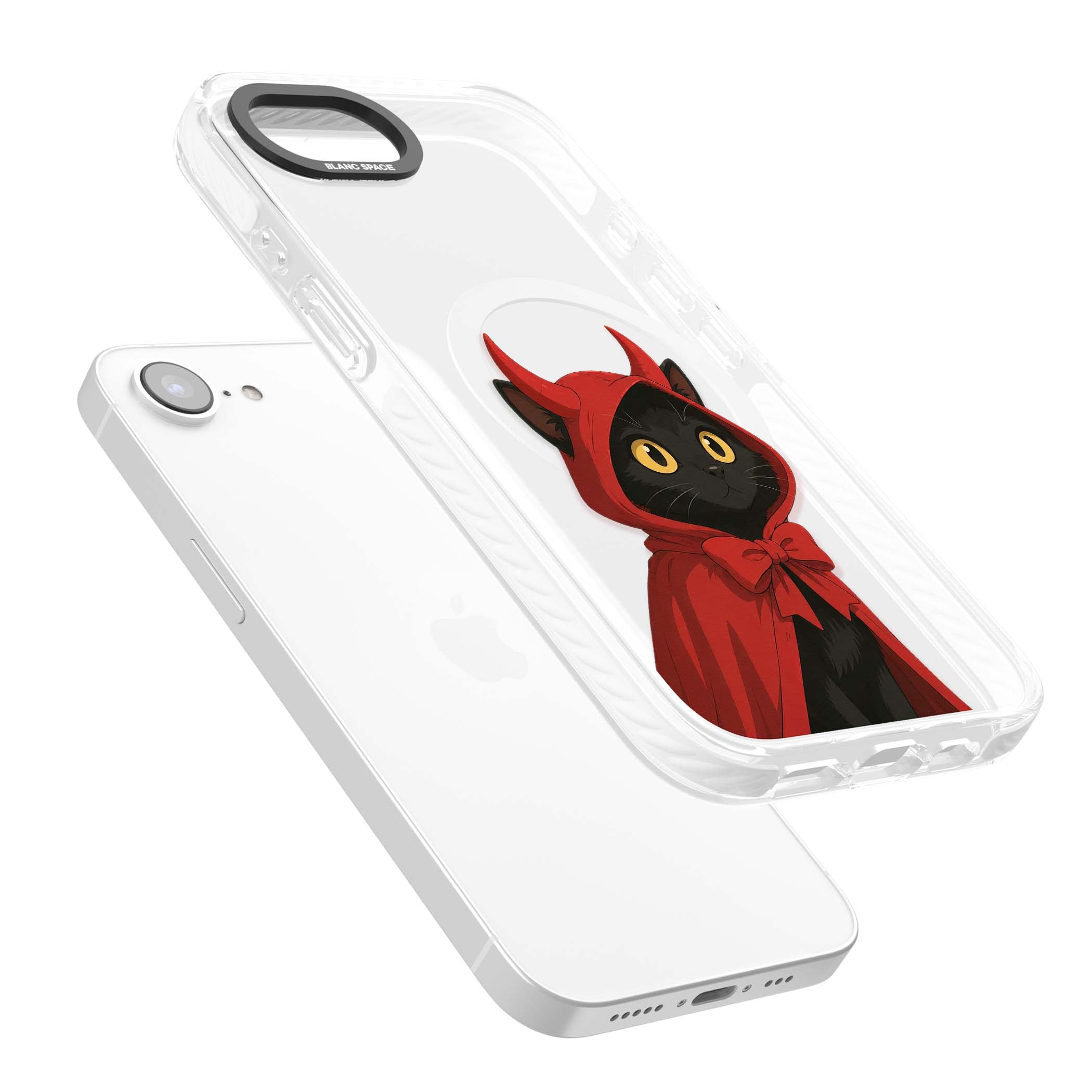 Little Devil halloween iPhone case featuring a black cat in a red hooded devil cloak with horns and golden eyes | Impact Magsafe case for iPhone 16e, iPhone 17e