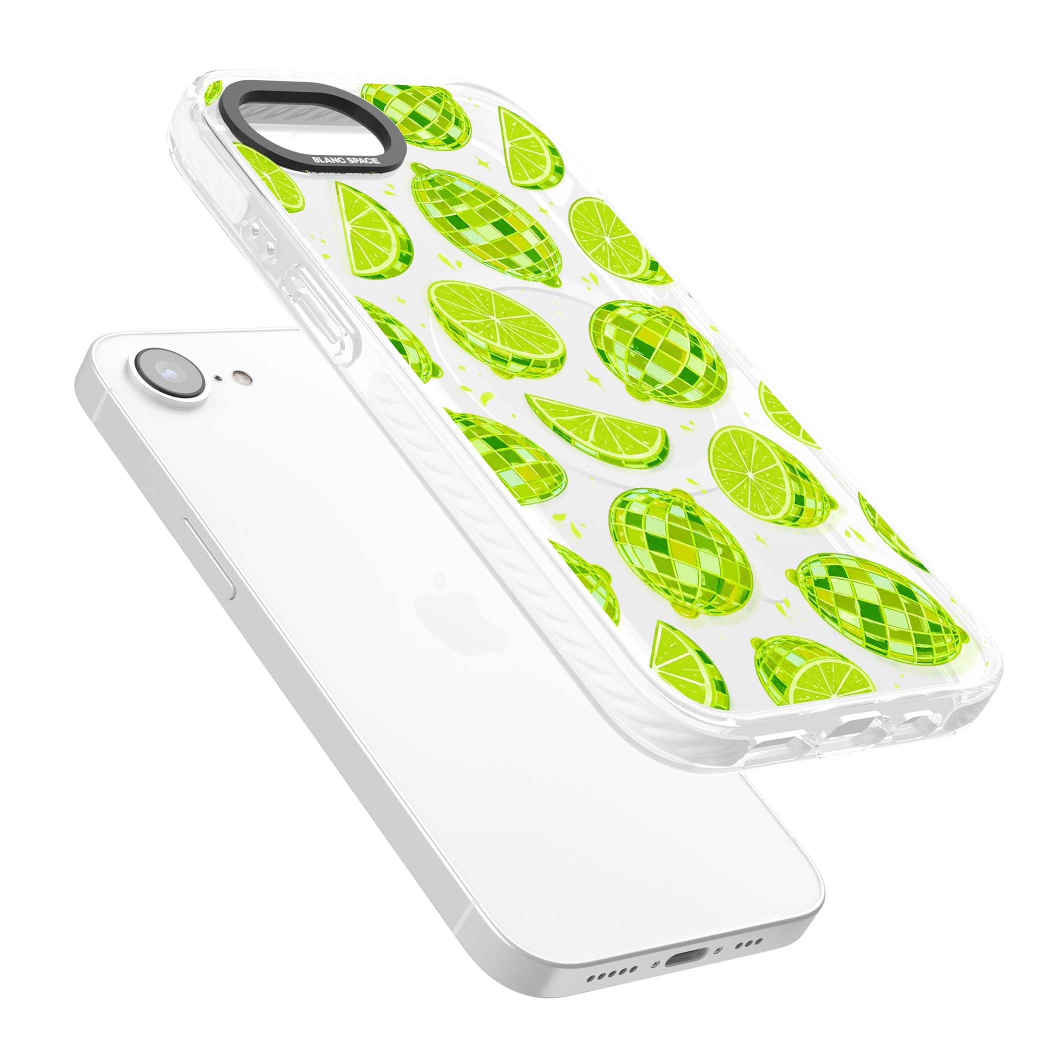 Disco Limes fruit aesthetic iPhone case featuring green disco balls, lime slices and citrus sparkles | Impact Magsafe case for iPhone 16e, iPhone 17e
