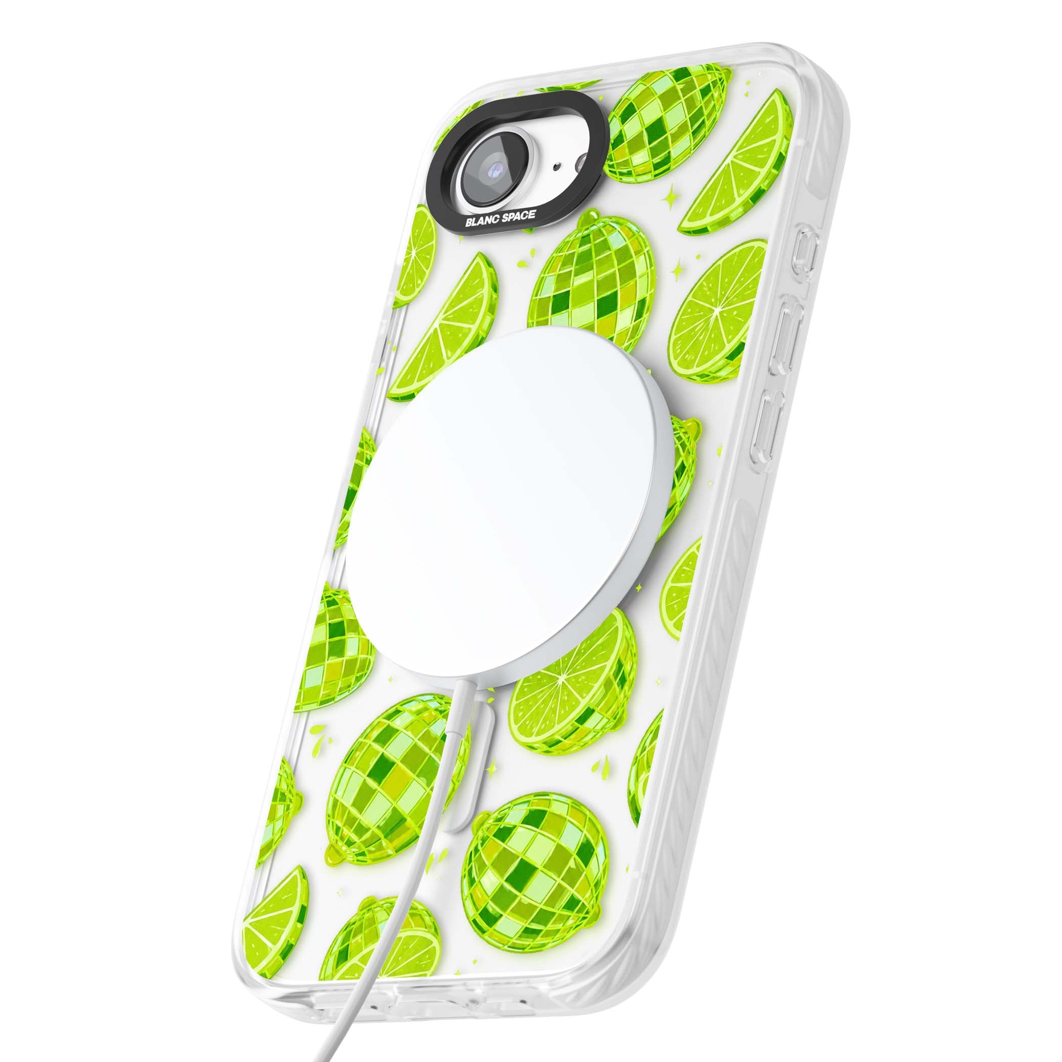 Disco Limes fruit aesthetic iPhone case featuring green disco balls, lime slices and citrus sparkles | Impact Magsafe case for iPhone 16e, iPhone 17e