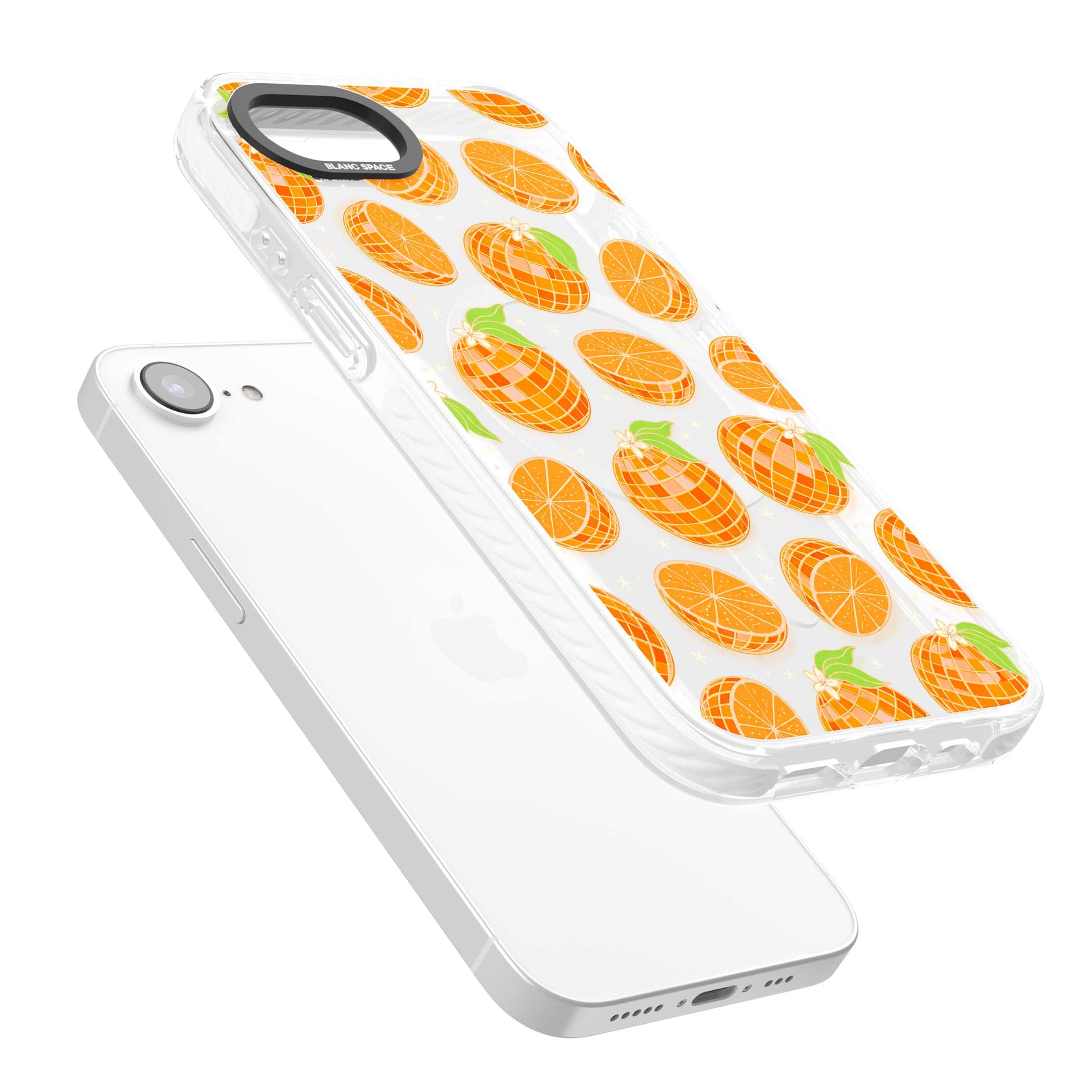Disco Oranges retro iPhone case featuring mirrorball oranges, citrus slices and tiny blossoms on clear | Impact Magsafe case for iPhone 16e, iPhone 17e