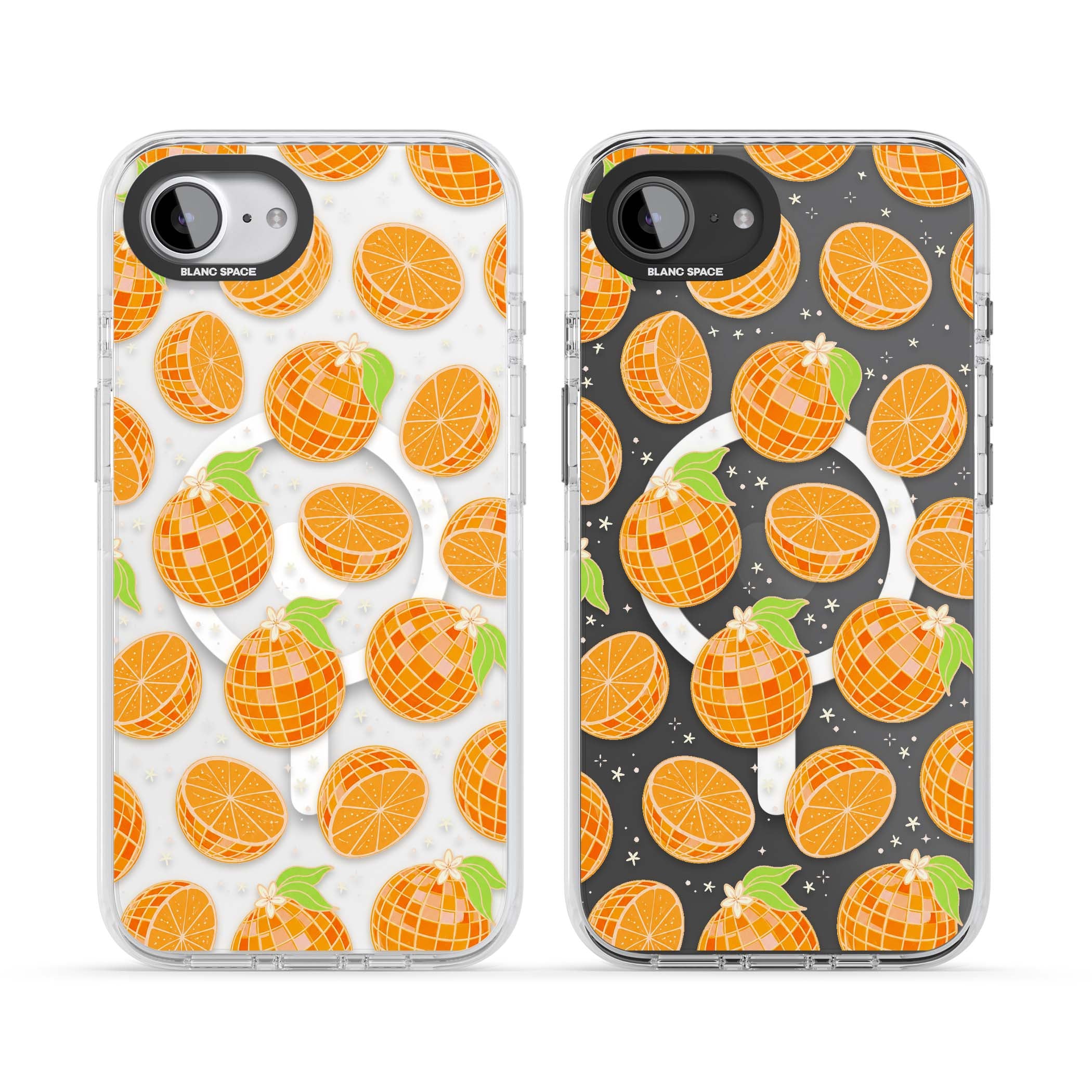 Disco Oranges retro iPhone case featuring mirrorball oranges, citrus slices and tiny blossoms on clear | Impact Magsafe case for iPhone 16e, iPhone 17e