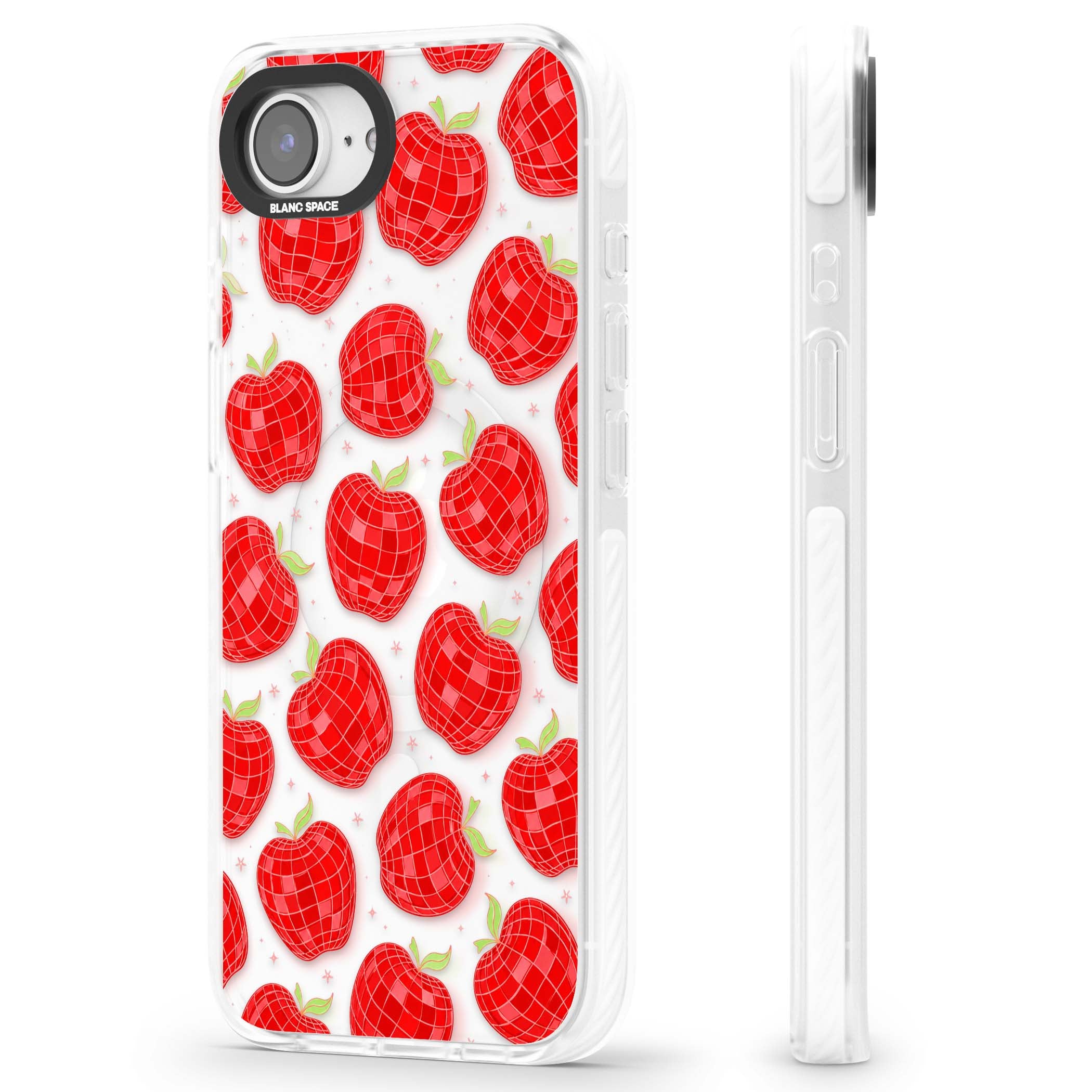 Disco Apples Y2K iPhone case featuring red disco ball apples, green leaves and pink sparkles on clear | Impact Magsafe case for iPhone 16e, iPhone 17e