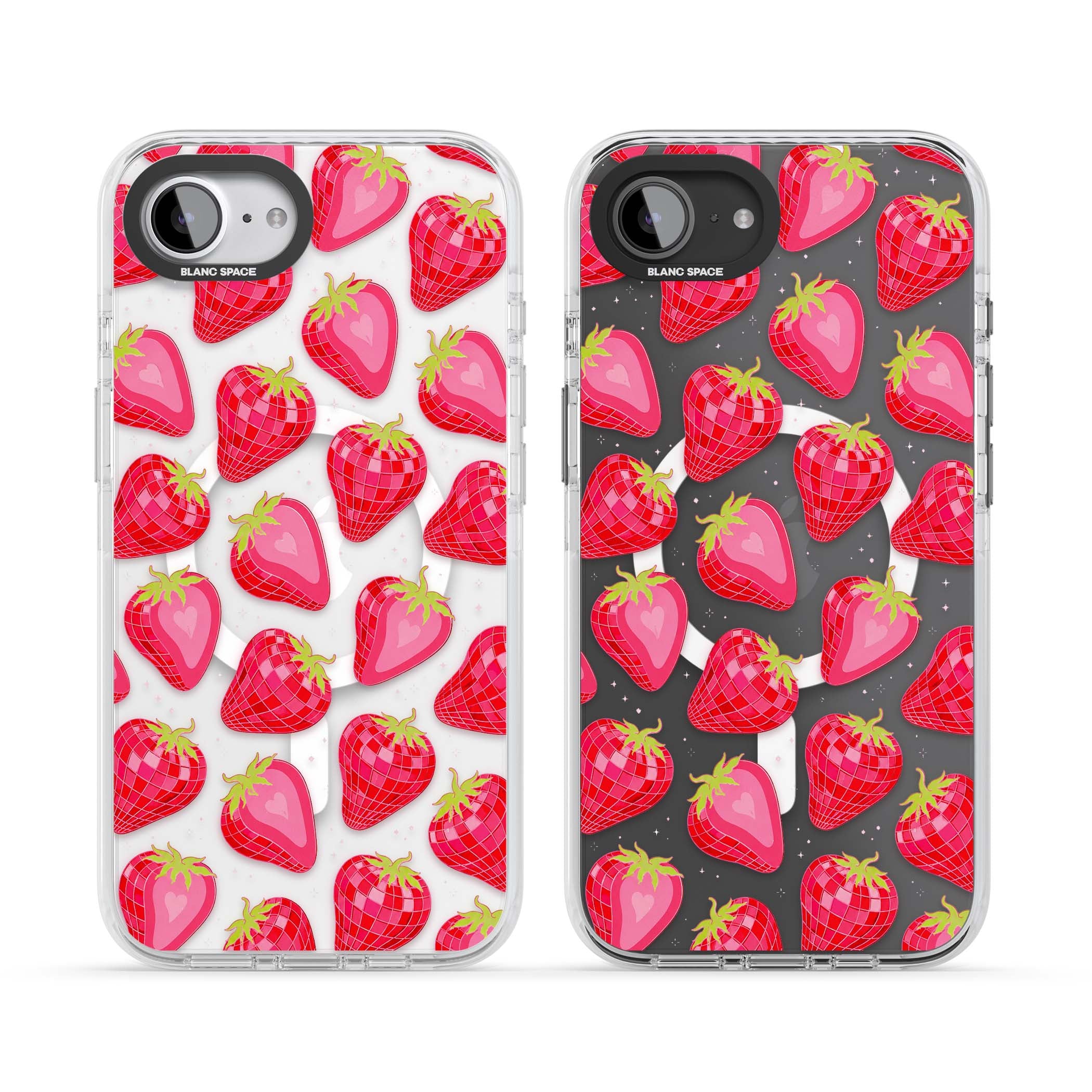 Disco Strawberry Y2K iPhone case featuring pink disco-ball strawberries, green leaves and tiny sparkles | Impact Magsafe case for iPhone 16e, iPhone 17e