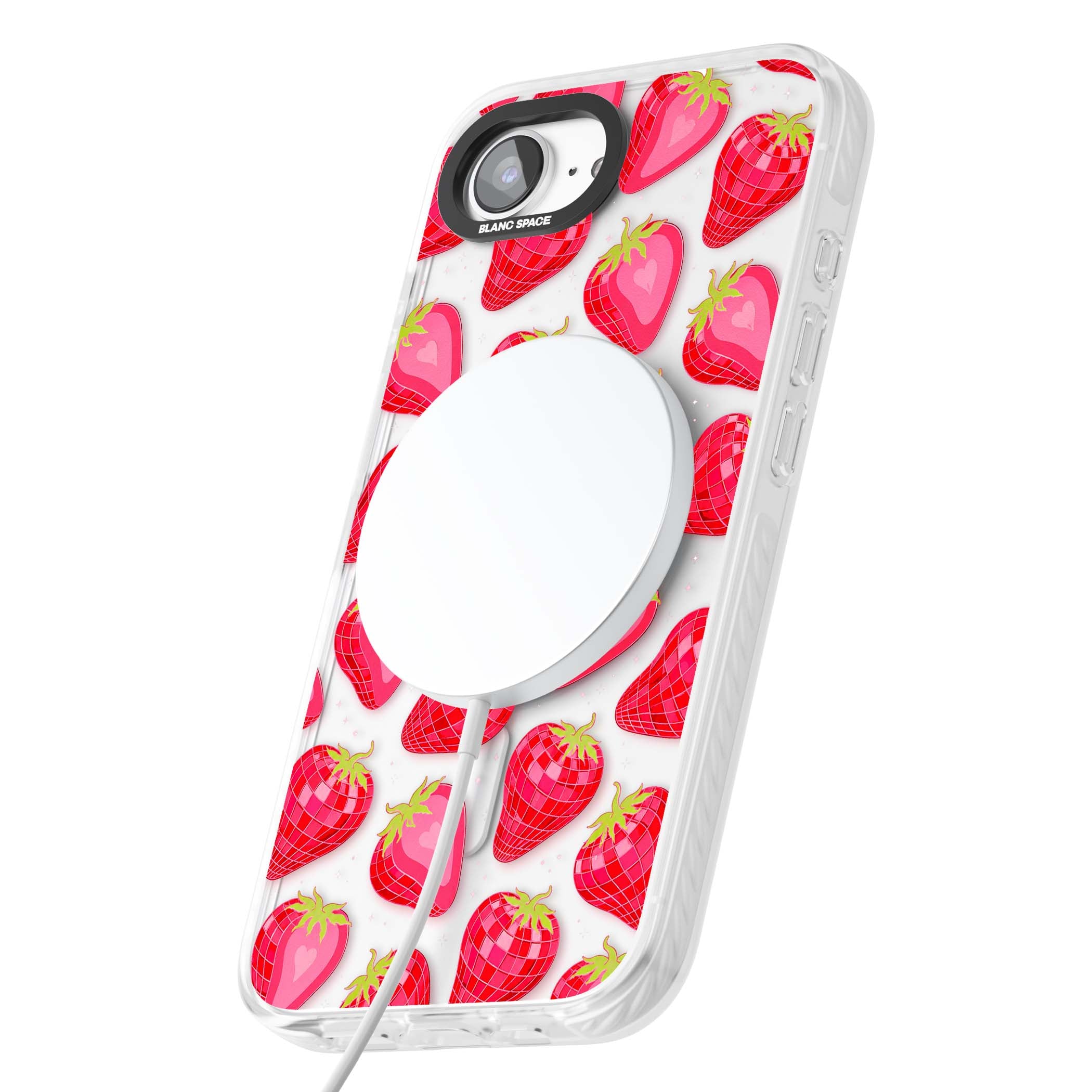 Disco Strawberry Y2K iPhone case featuring pink disco-ball strawberries, green leaves and tiny sparkles | Impact Magsafe case for iPhone 16e, iPhone 17e