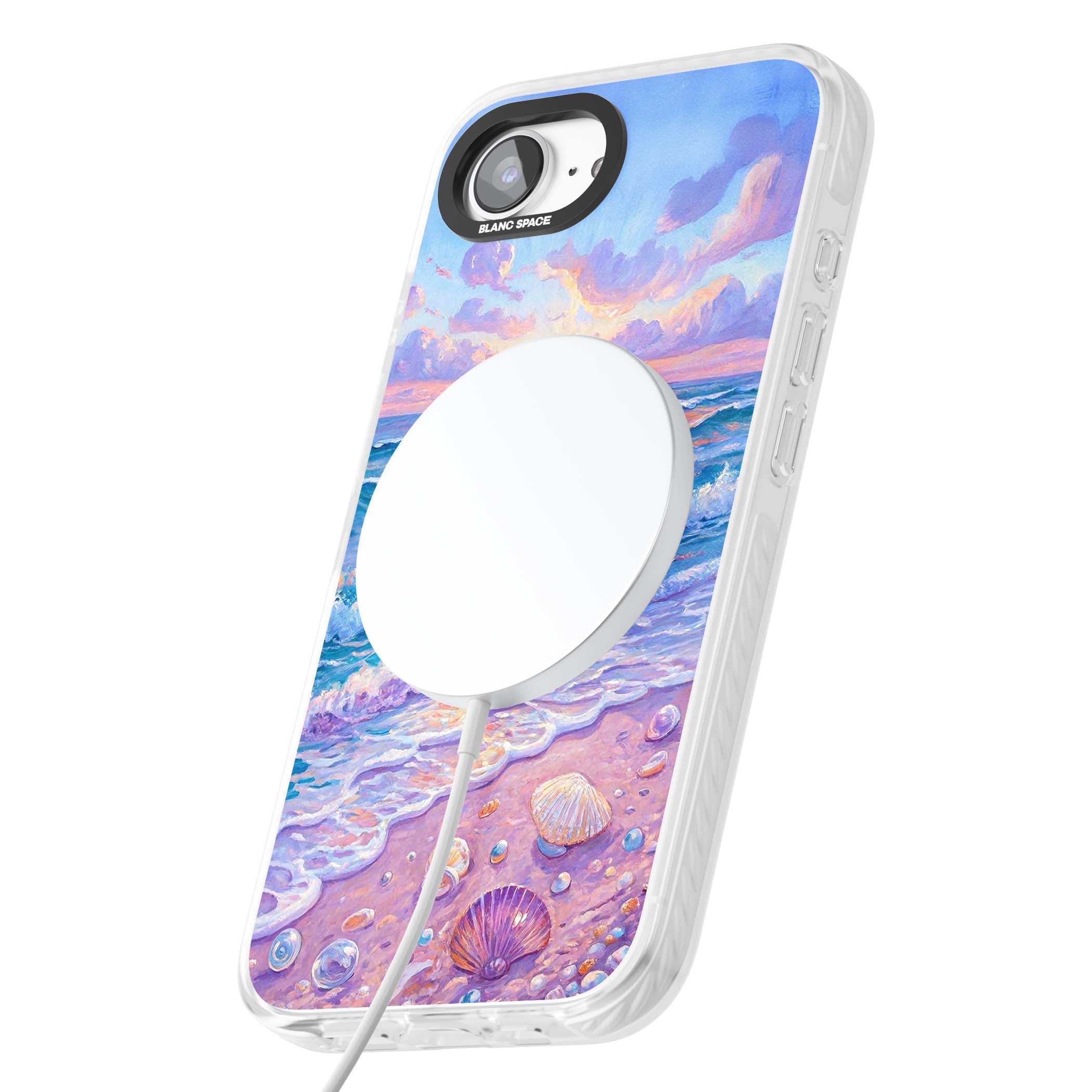 Pearl Shore coastal iPhone case featuring pastel painted waves, seashells, and a sunrise sky over a lavender beach. | Impact Magsafe case for iPhone 16e, iPhone 17e