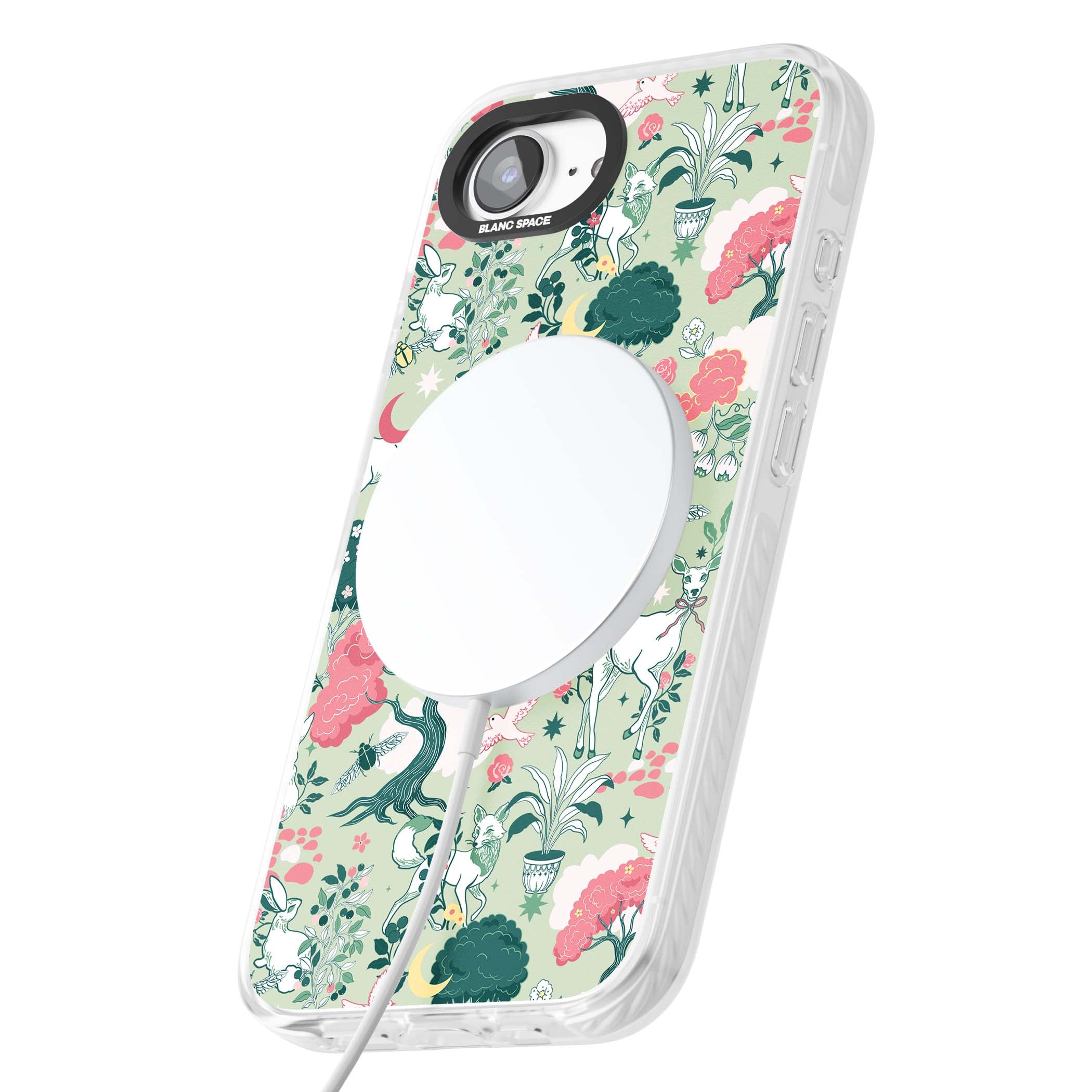 Enchanted Woodland cottagecore iPhone case featuring white deer, pink roses, mushrooms and woodland animals on sage green | Impact Magsafe case for iPhone 16e, iPhone 17e