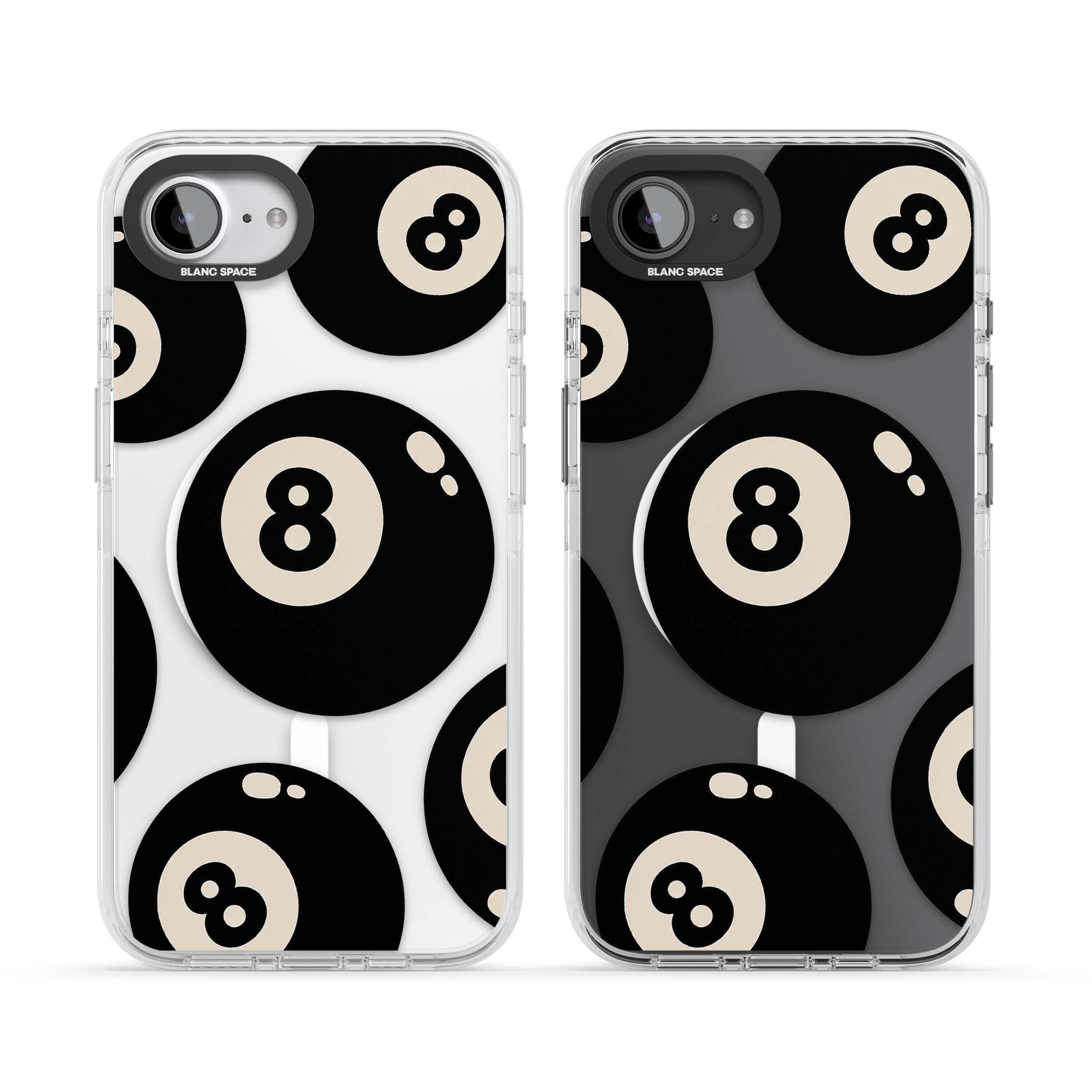 Eights y2k iPhone case featuring scattered black 8 balls with cream highlights on a clear background | Impact Magsafe case for iPhone 16e, iPhone 17e