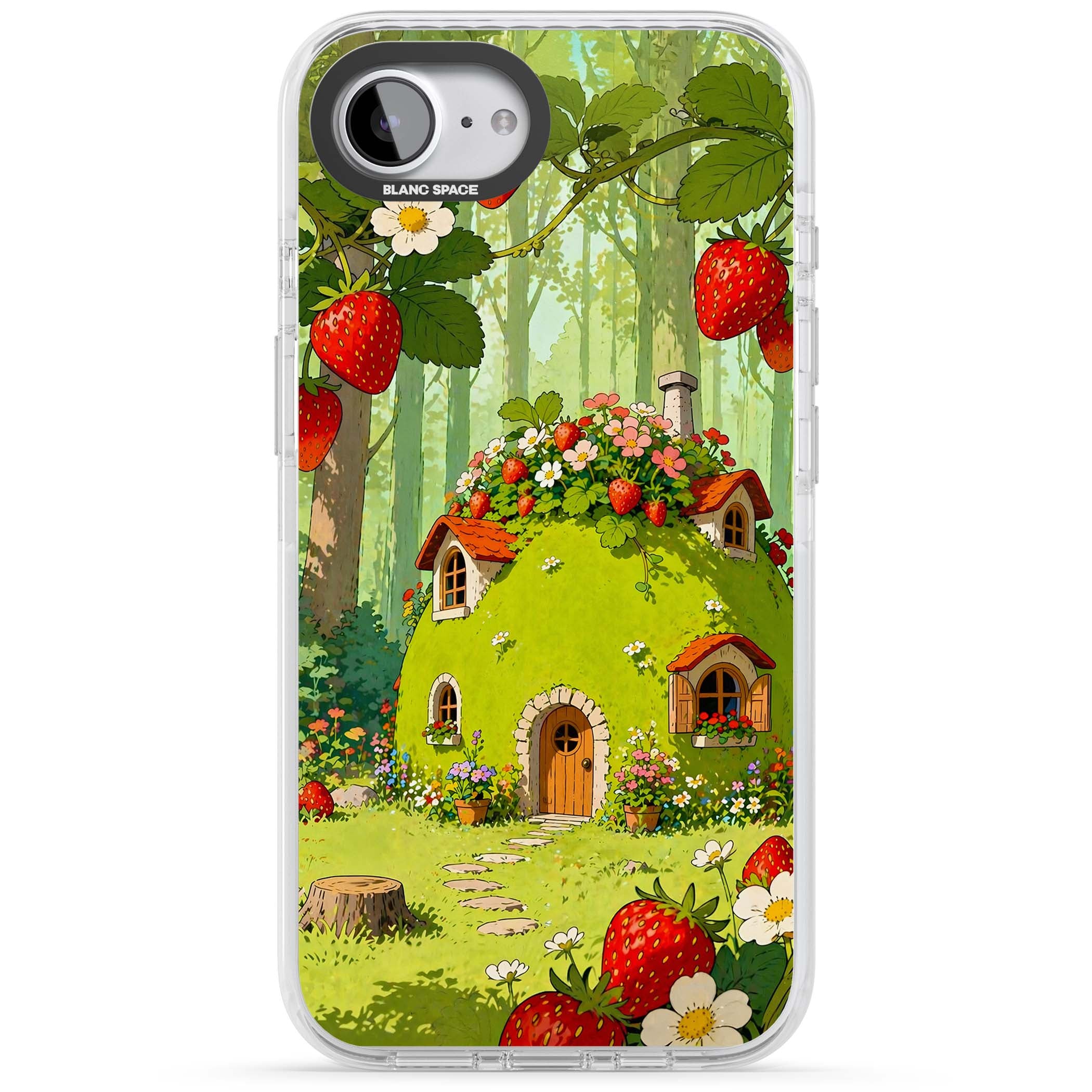 Strawberry Cottage cottagecore iPhone case featuring a green fairy house, wild strawberries and enchanted forest flowers | Impact Magsafe case for iPhone 16e, iPhone 17e