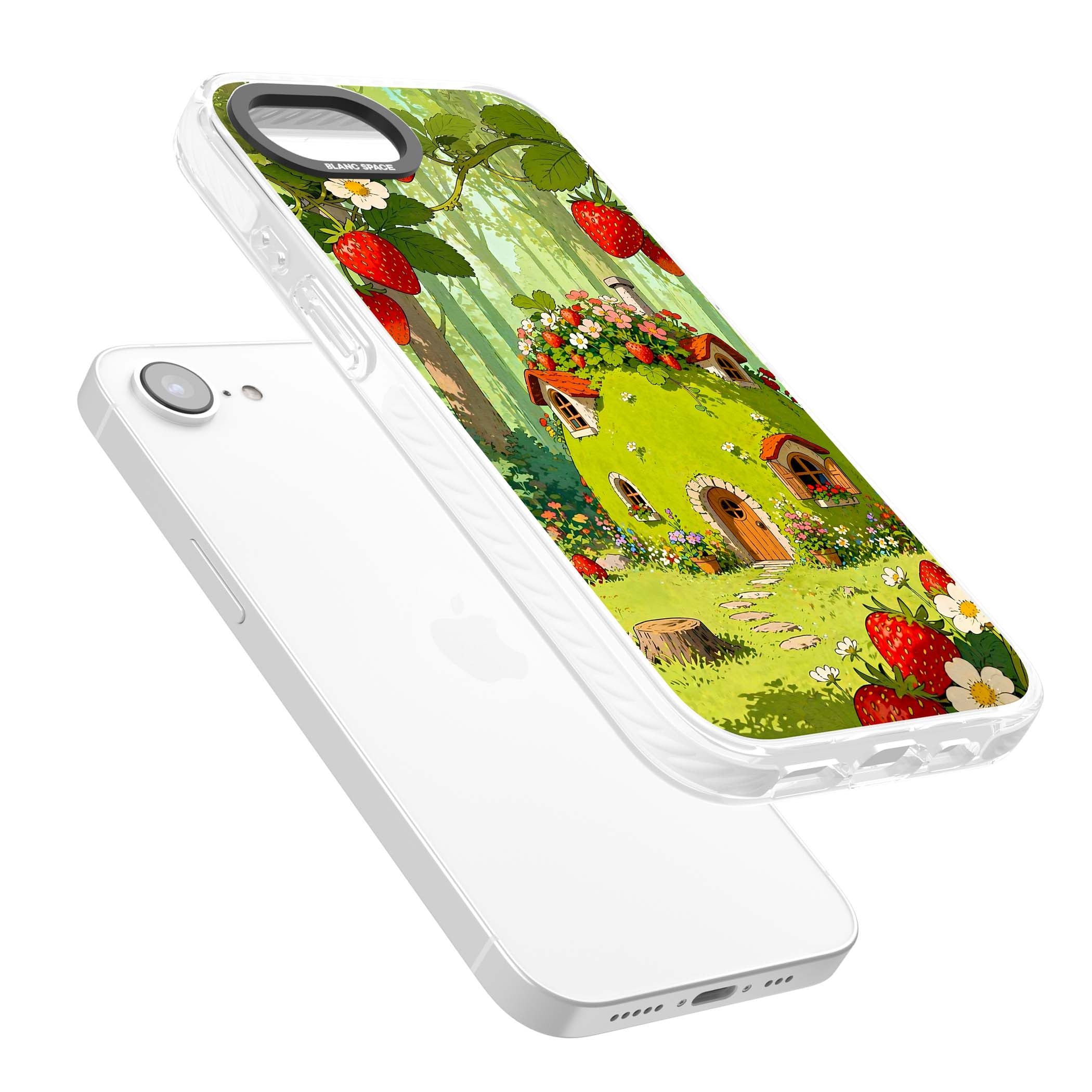 Strawberry Cottage cottagecore iPhone case featuring a green fairy house, wild strawberries and enchanted forest flowers | Impact Magsafe case for iPhone 16e, iPhone 17e
