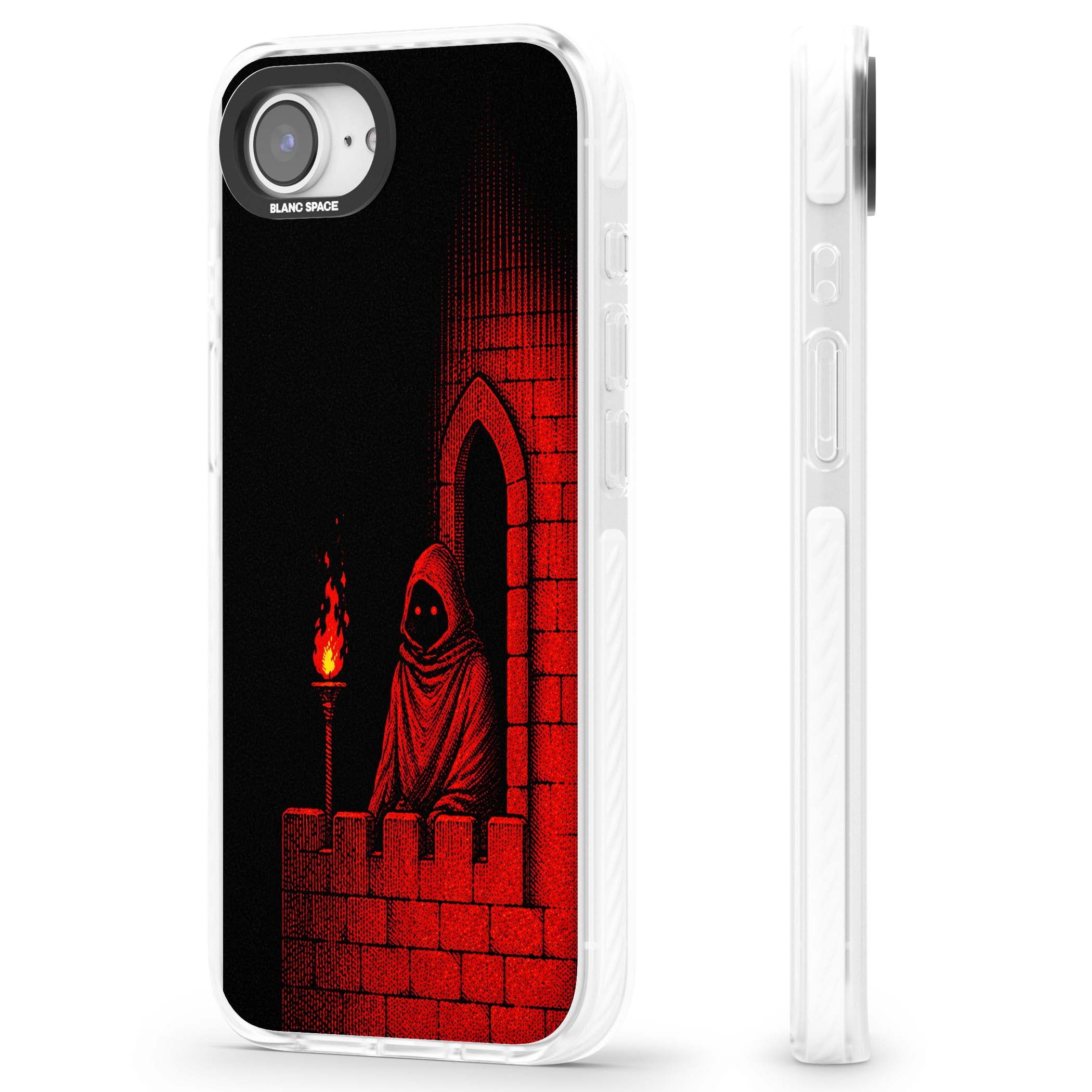 Crimson Crypt gothic iPhone case featuring a hooded reaper, torchlit crypt archway and red halftone horror art | Impact Magsafe case for iPhone 16e, iPhone 17e