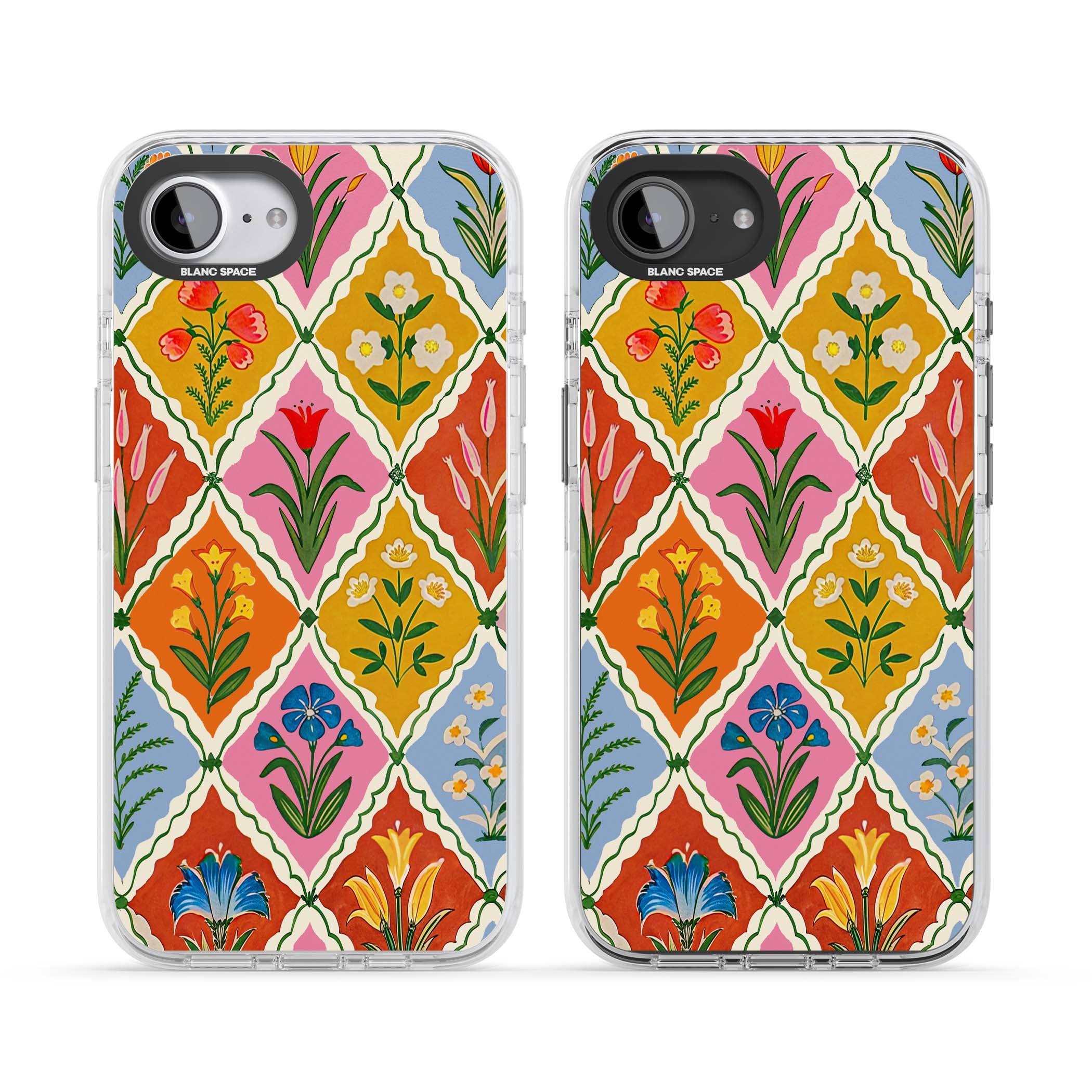 Floral Quilt boho floral iPhone case featuring diamond lattice pattern, hand-painted tulips and folk art wildflowers | Impact Magsafe case for iPhone 16e, iPhone 17e