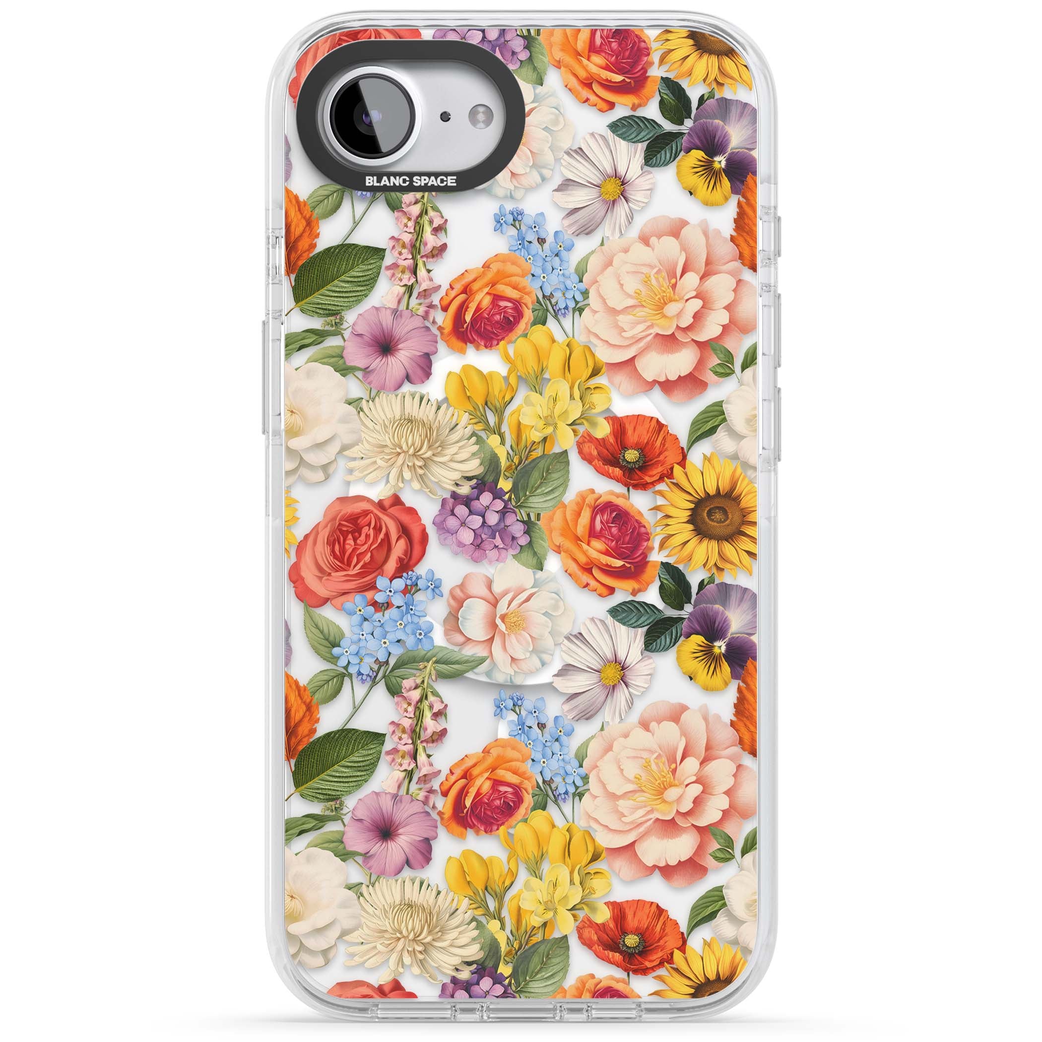 Bloom Basket floral iPhone case featuring cottage garden flowers including peonies, sunflowers, and wildflowers in pastel col | Impact Magsafe case for iPhone 16e, iPhone 17e