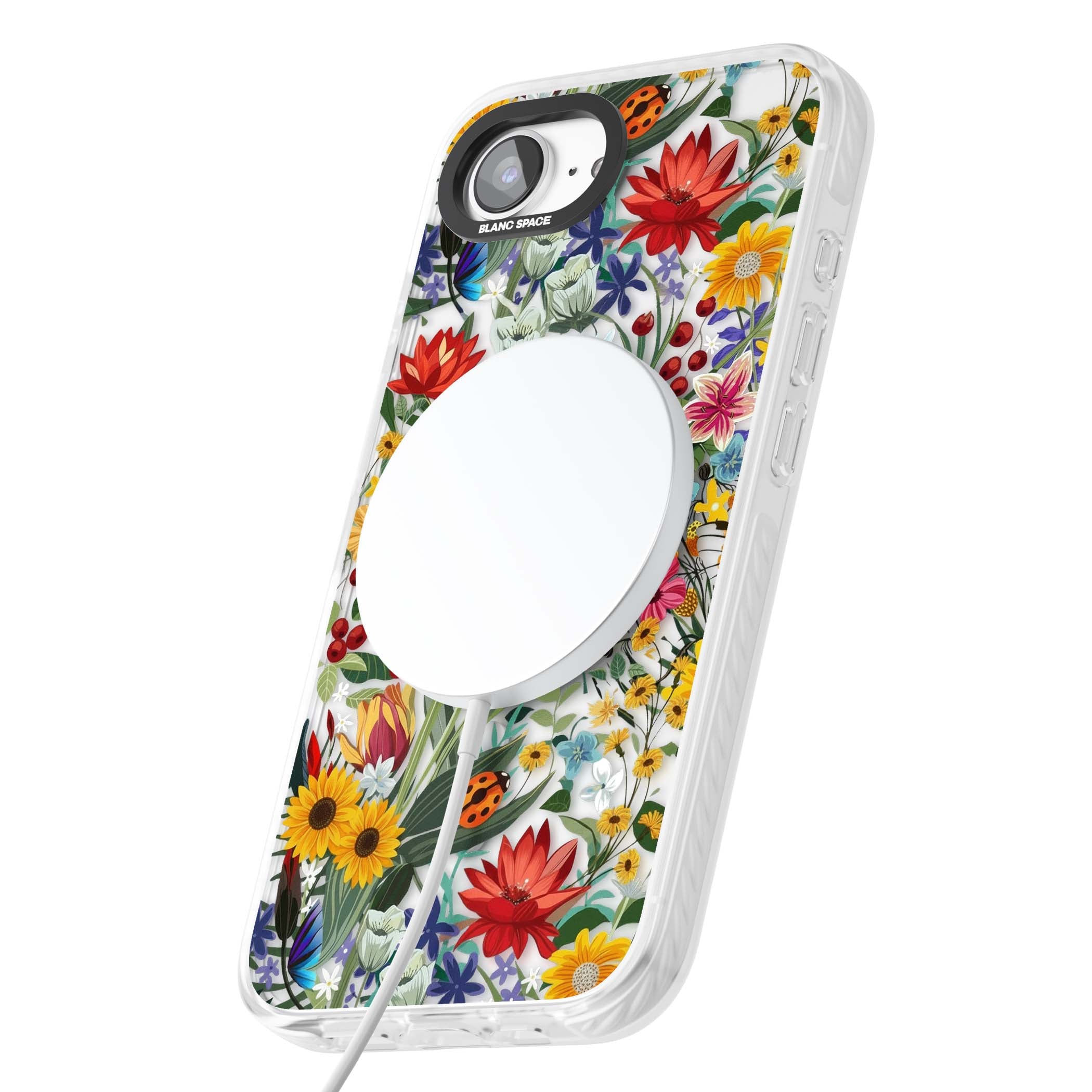 Botanical Bloom cottagecore iPhone case featuring colorful wildflowers, sunflowers, and ladybugs on clear background | Impact Magsafe case for iPhone 16e, iPhone 17e