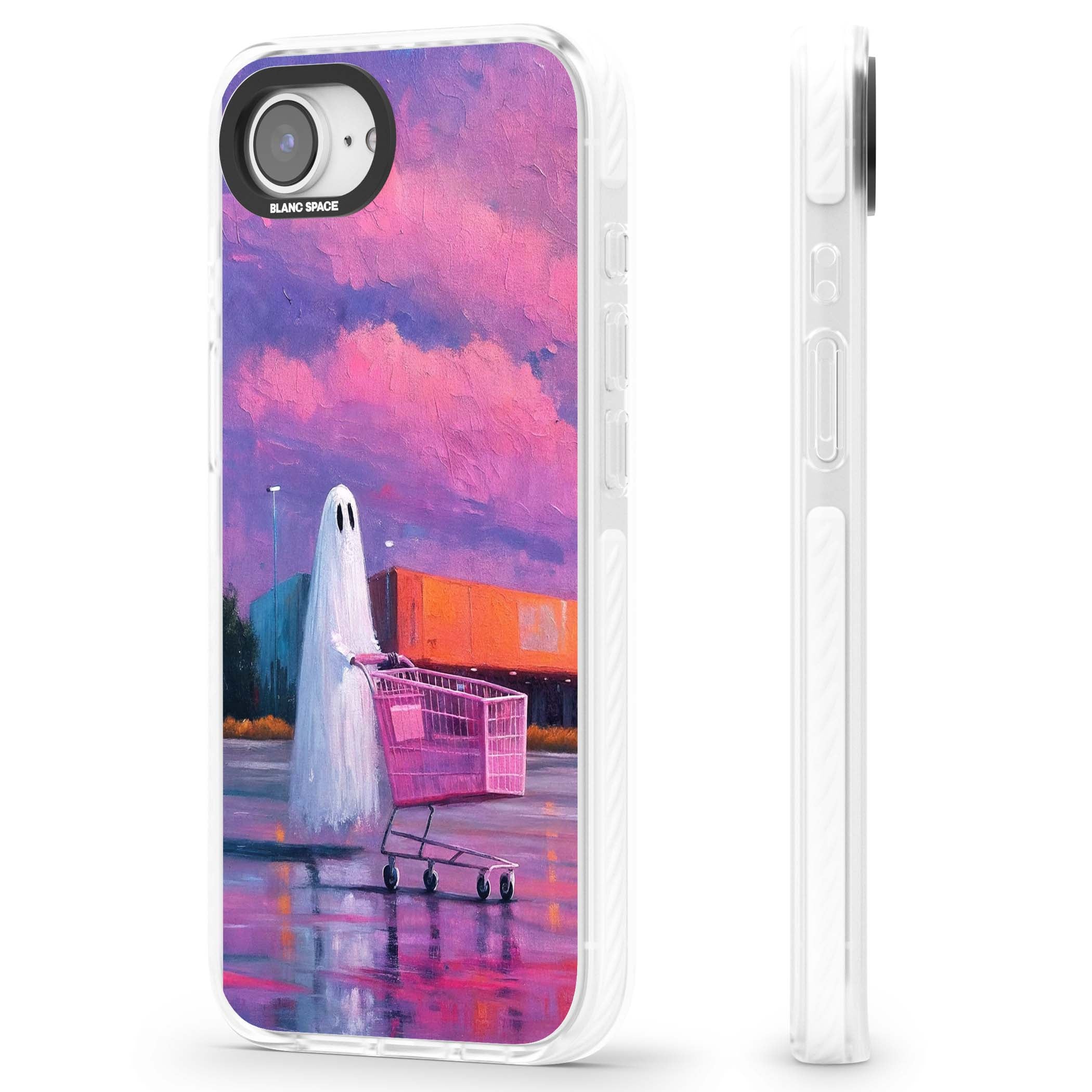 A Ghost's Errand ghost halloween iPhone case featuring a painted ghost, pink shopping trolley and purple sunset sky | Impact Magsafe case for iPhone 16e, iPhone 17e