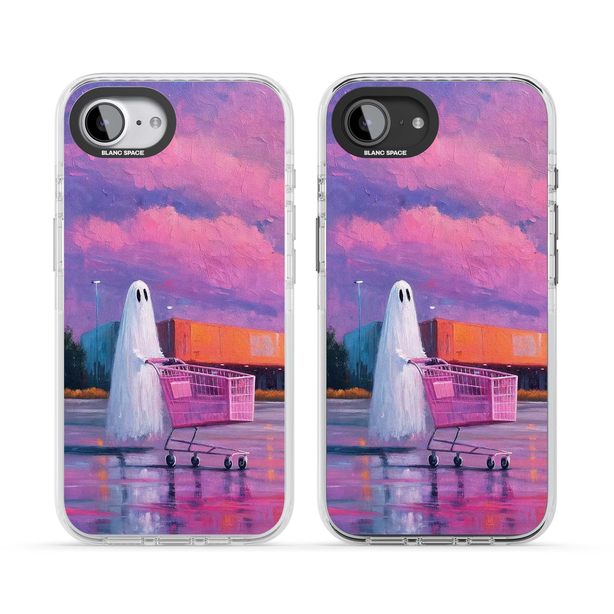 A Ghost's Errand ghost halloween iPhone case featuring a painted ghost, pink shopping trolley and purple sunset sky | Impact Magsafe case for iPhone 16e, iPhone 17e