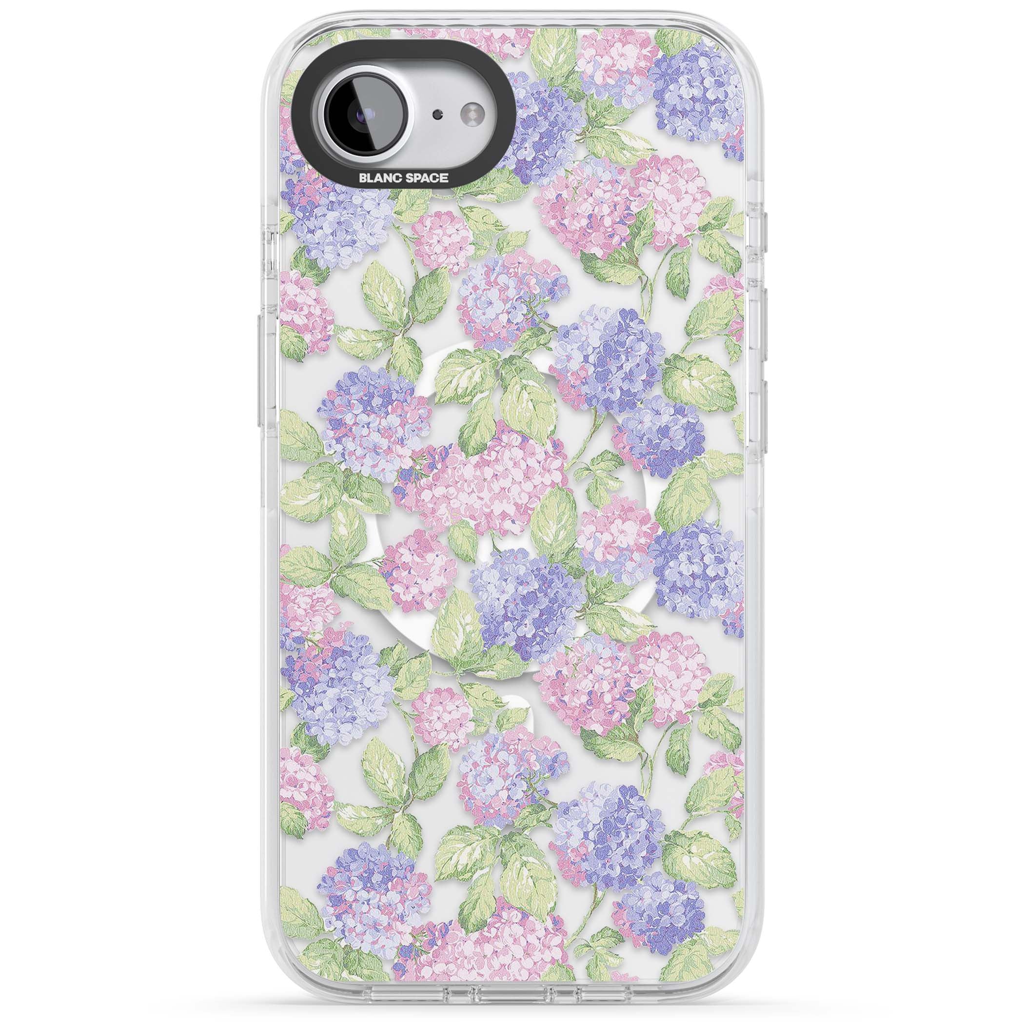 Cottage Hydrangea cottagecore iPhone case featuring pink and purple hydrangea blooms with green leaves on a clear background | Impact Magsafe case for iPhone 16e, iPhone 17e